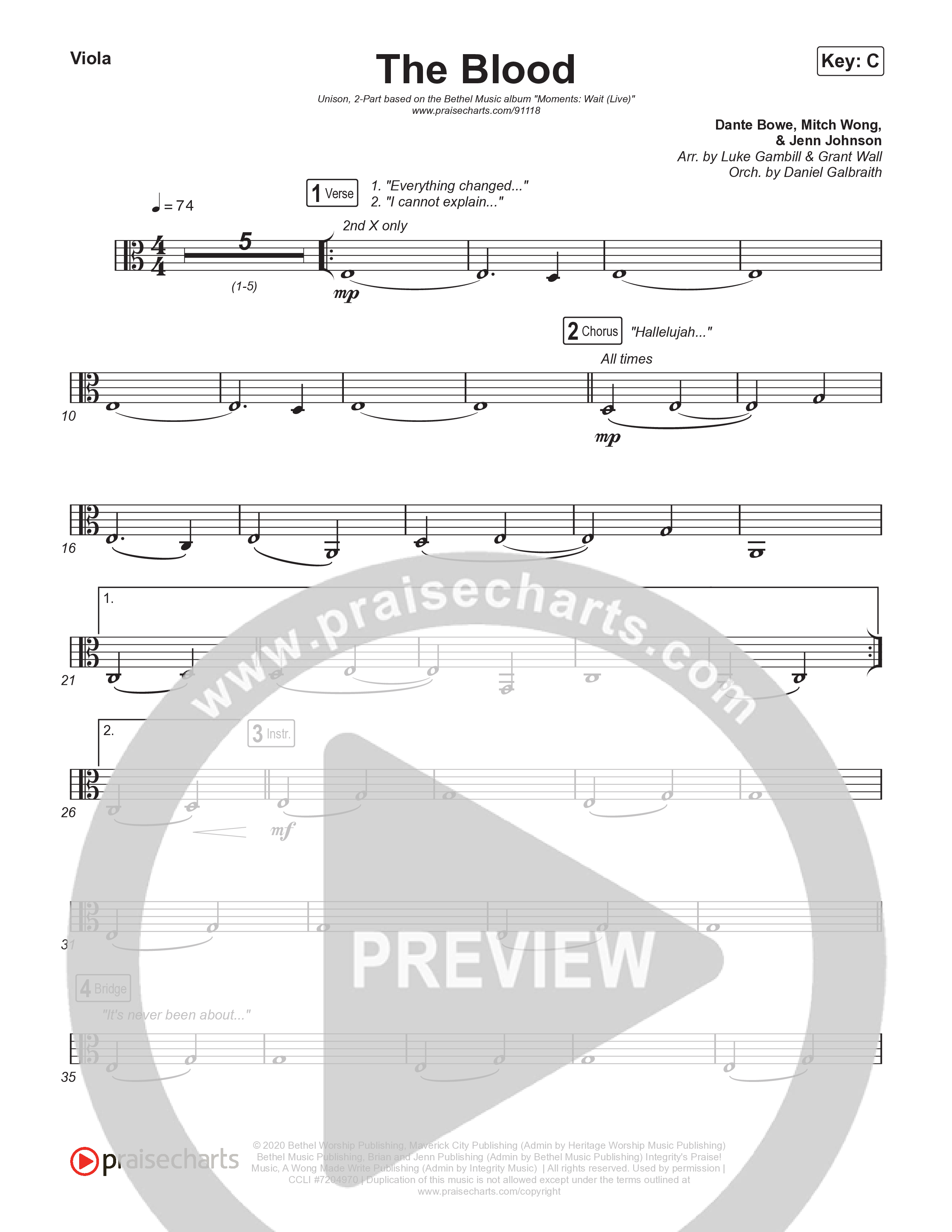 The Blood (Unison/2-Part) Viola (Bethel Music / David Funk / Arr. Luke Gambill)