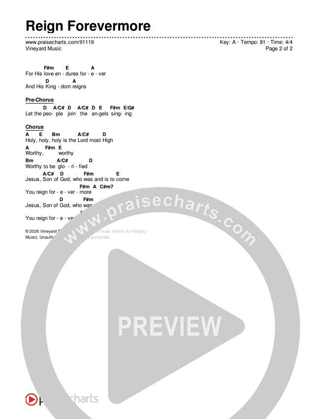 Reign Forevermore Chord Chart (Vineyard Music)