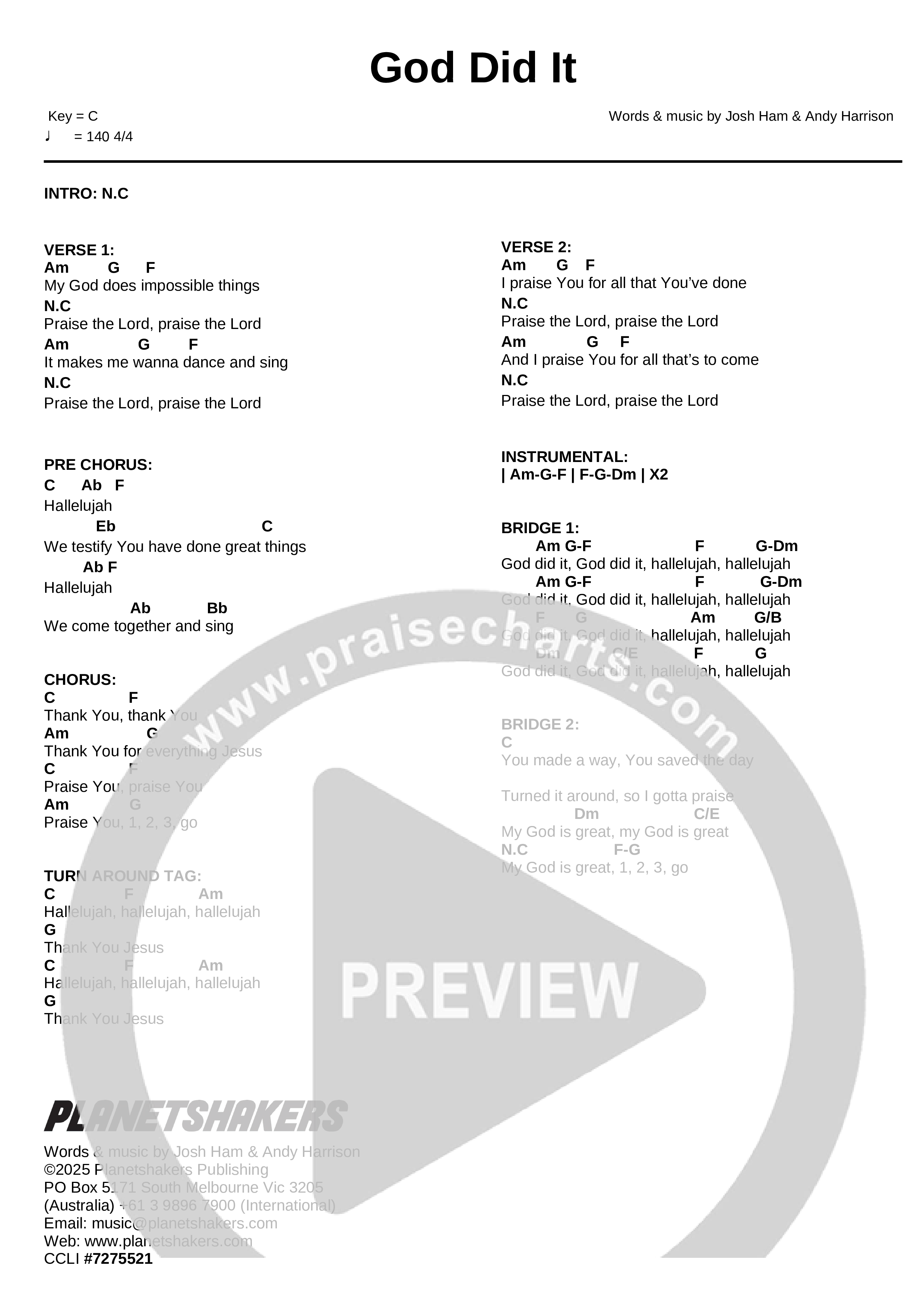 God Did It (Live) Chord Chart (Planetshakers)
