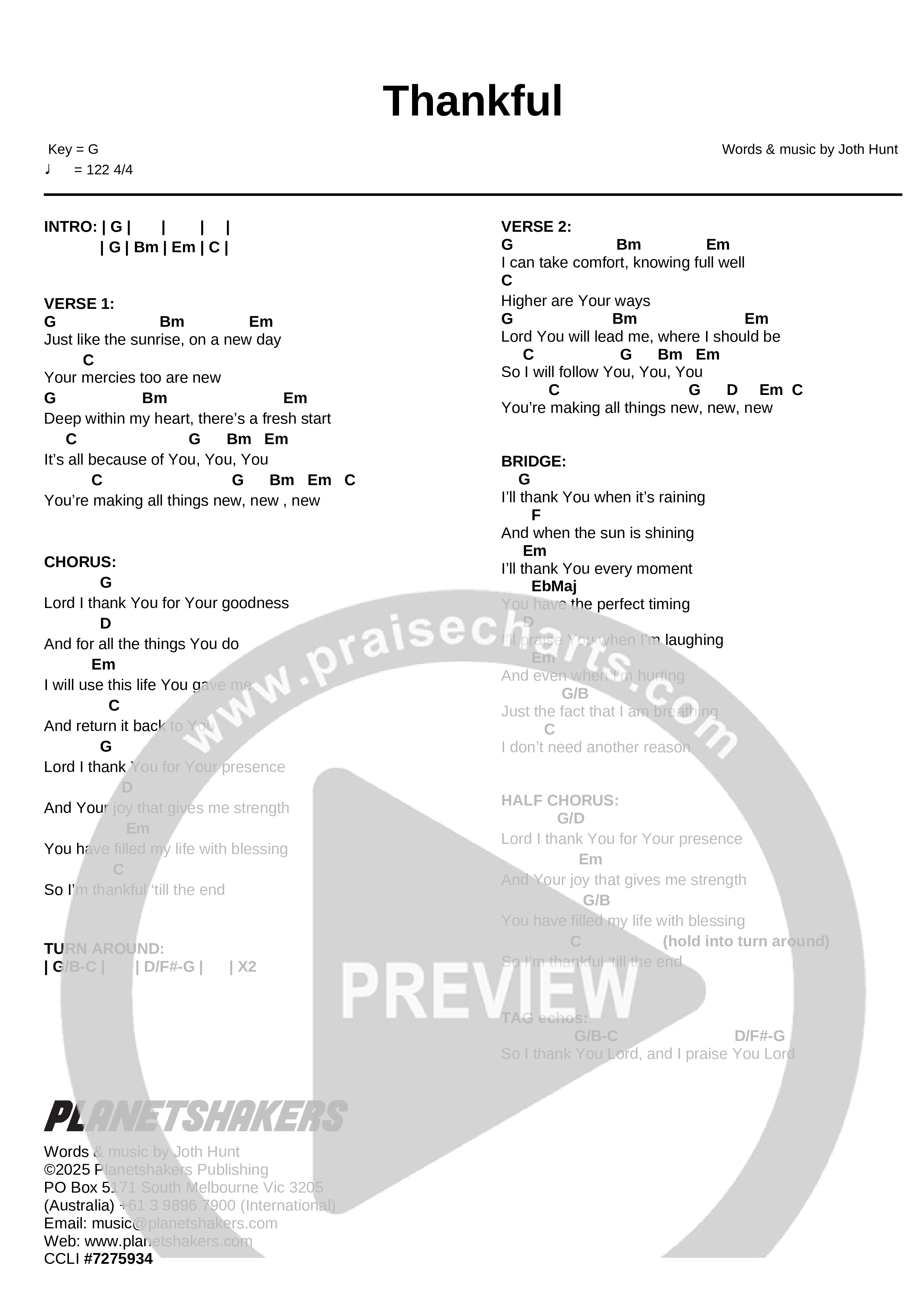 Thankful (Live) Chord Chart (Planetshakers)