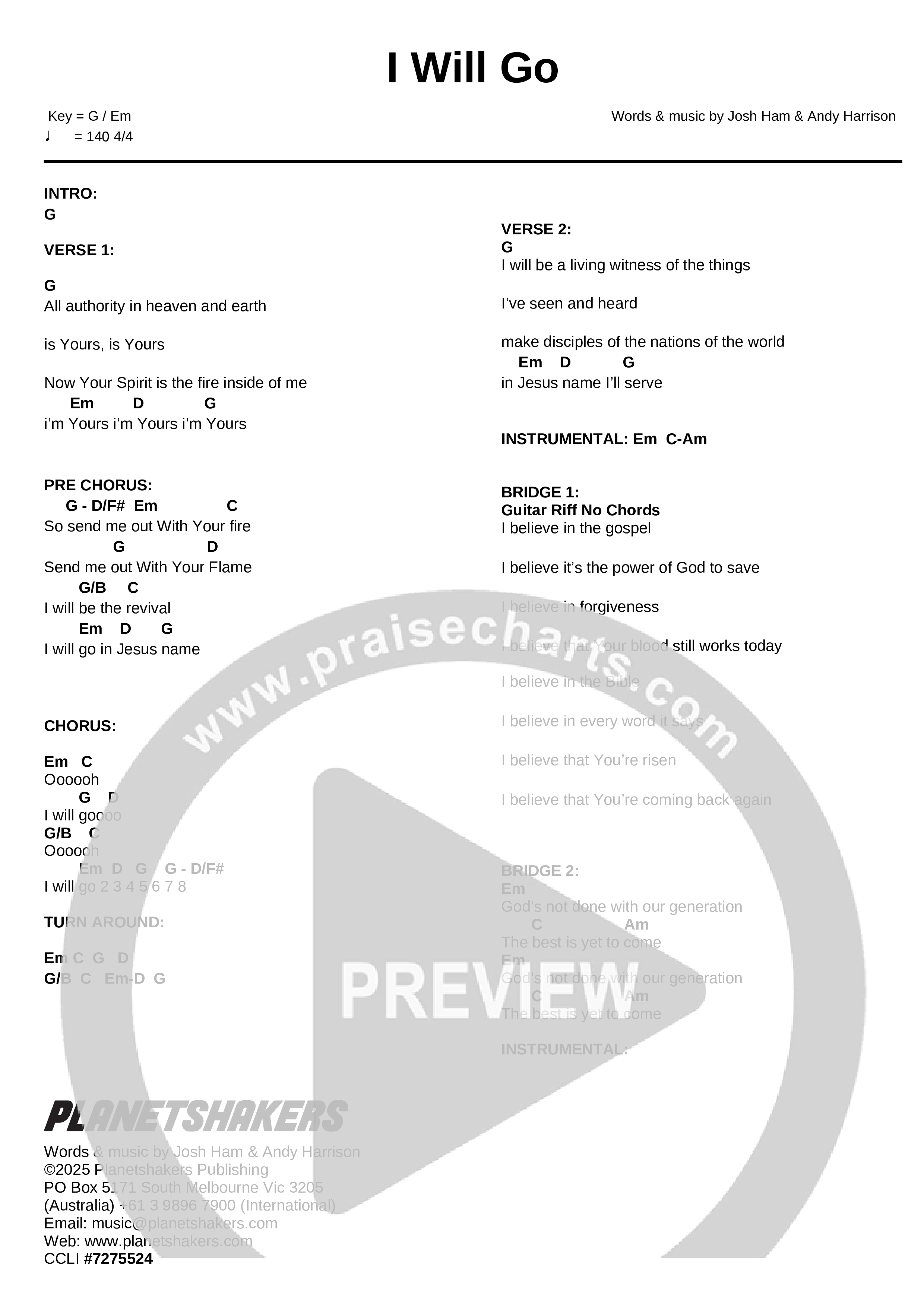 I Will Go (Live) Chord Chart (Planetshakers)