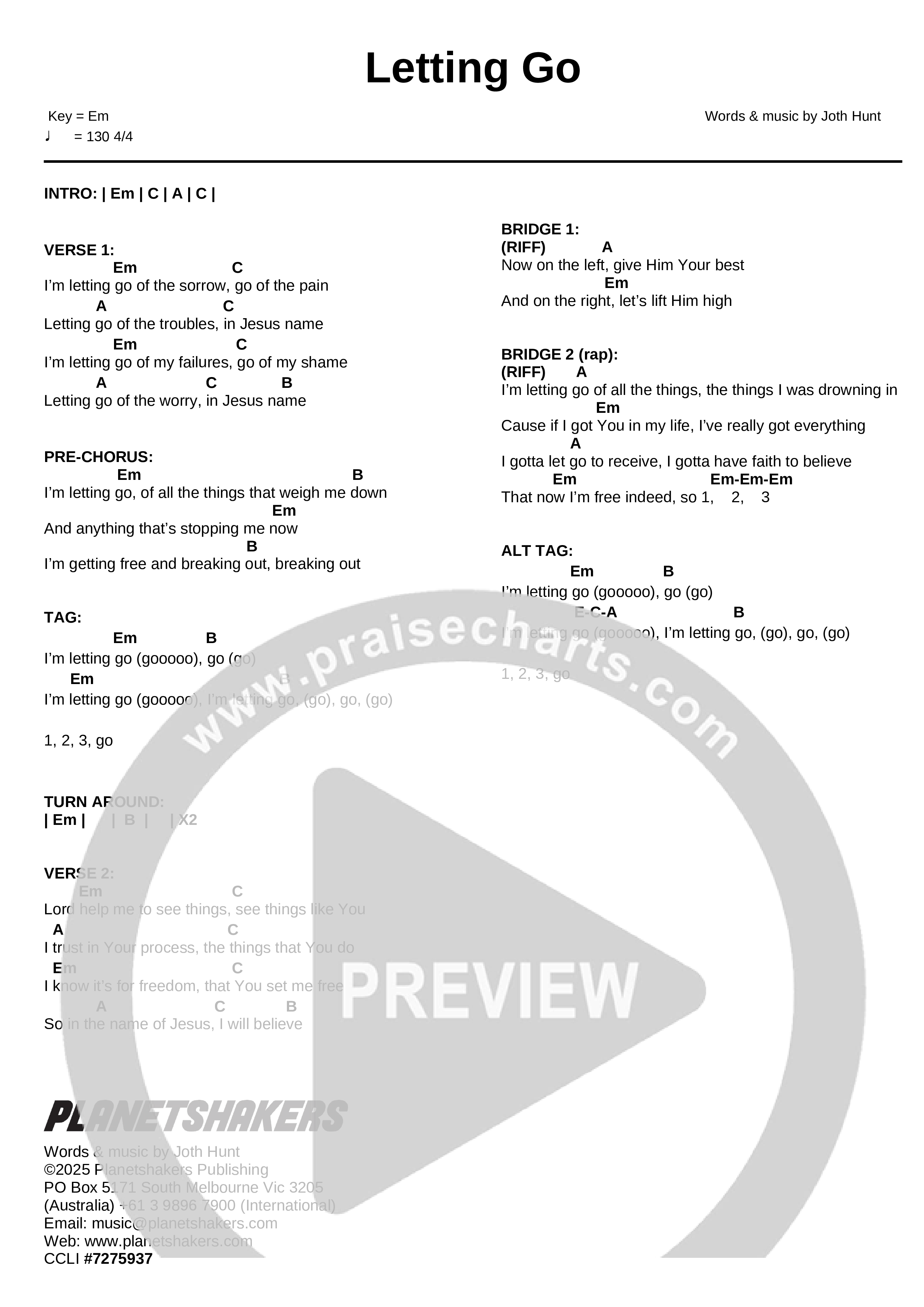 Letting Go (Live) Chord Chart (Planetshakers)
