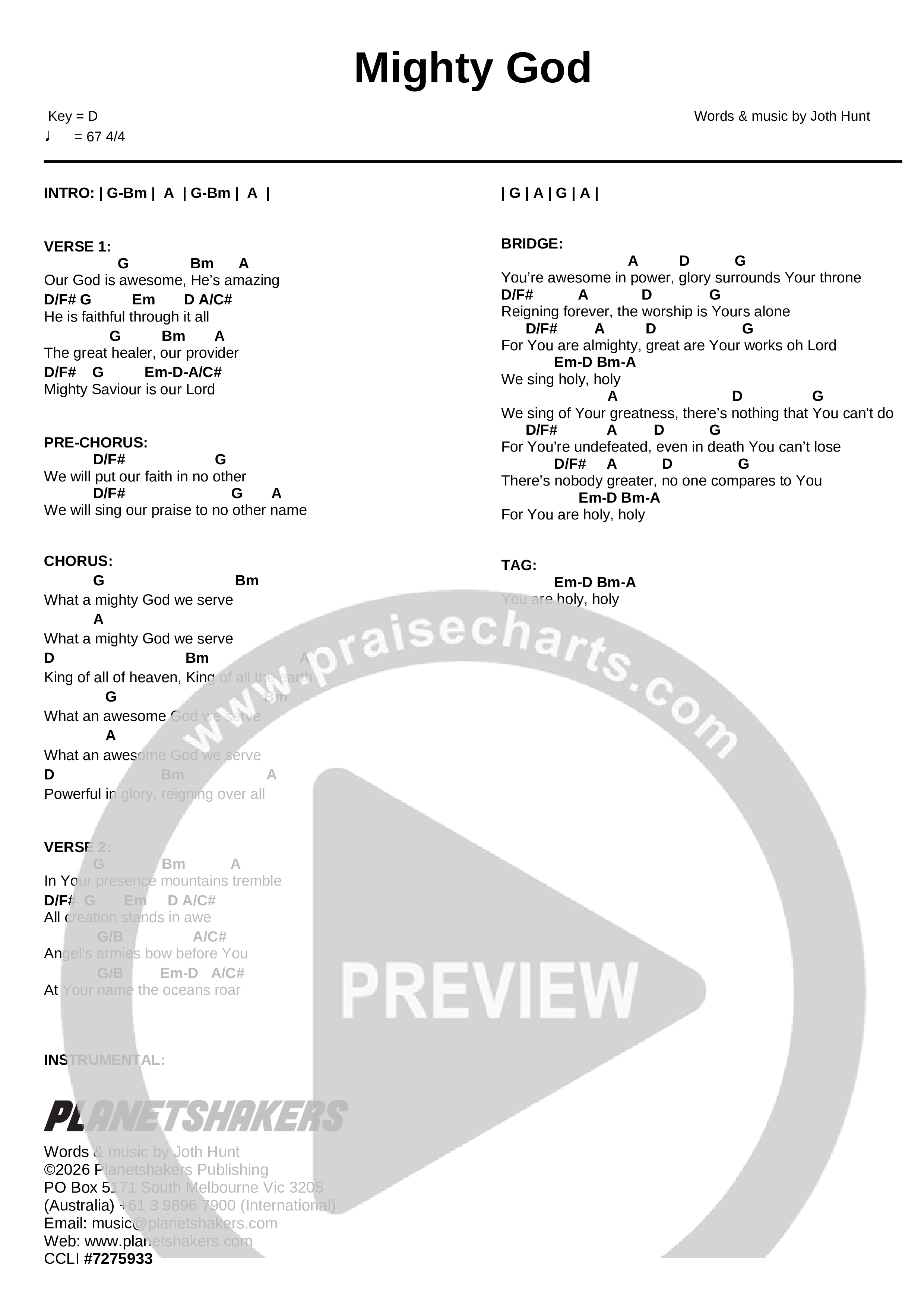 Mighty God (Live) Chord Chart (Planetshakers)