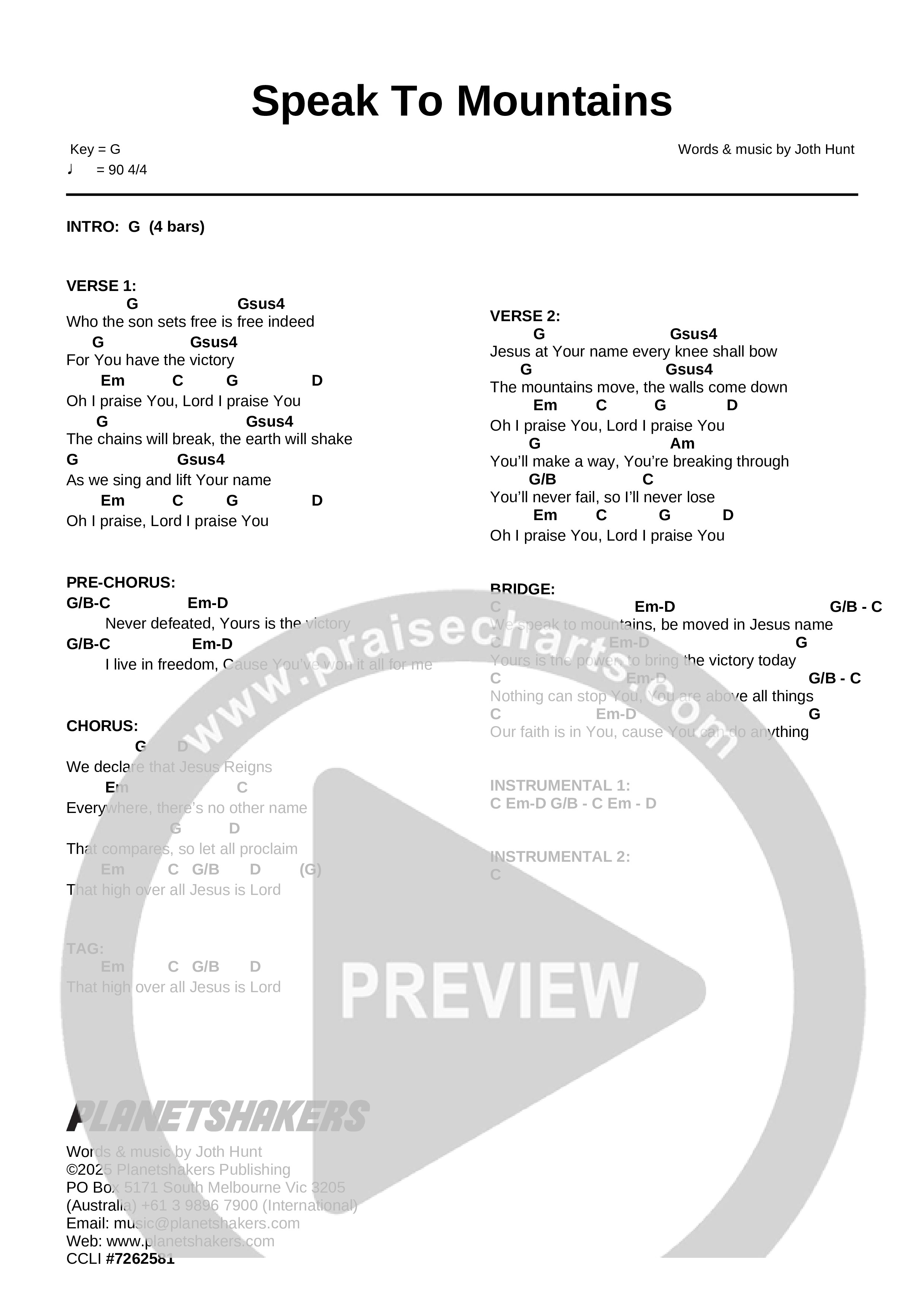 Speak To Mountains (Live) Chord Chart (Planetshakers)