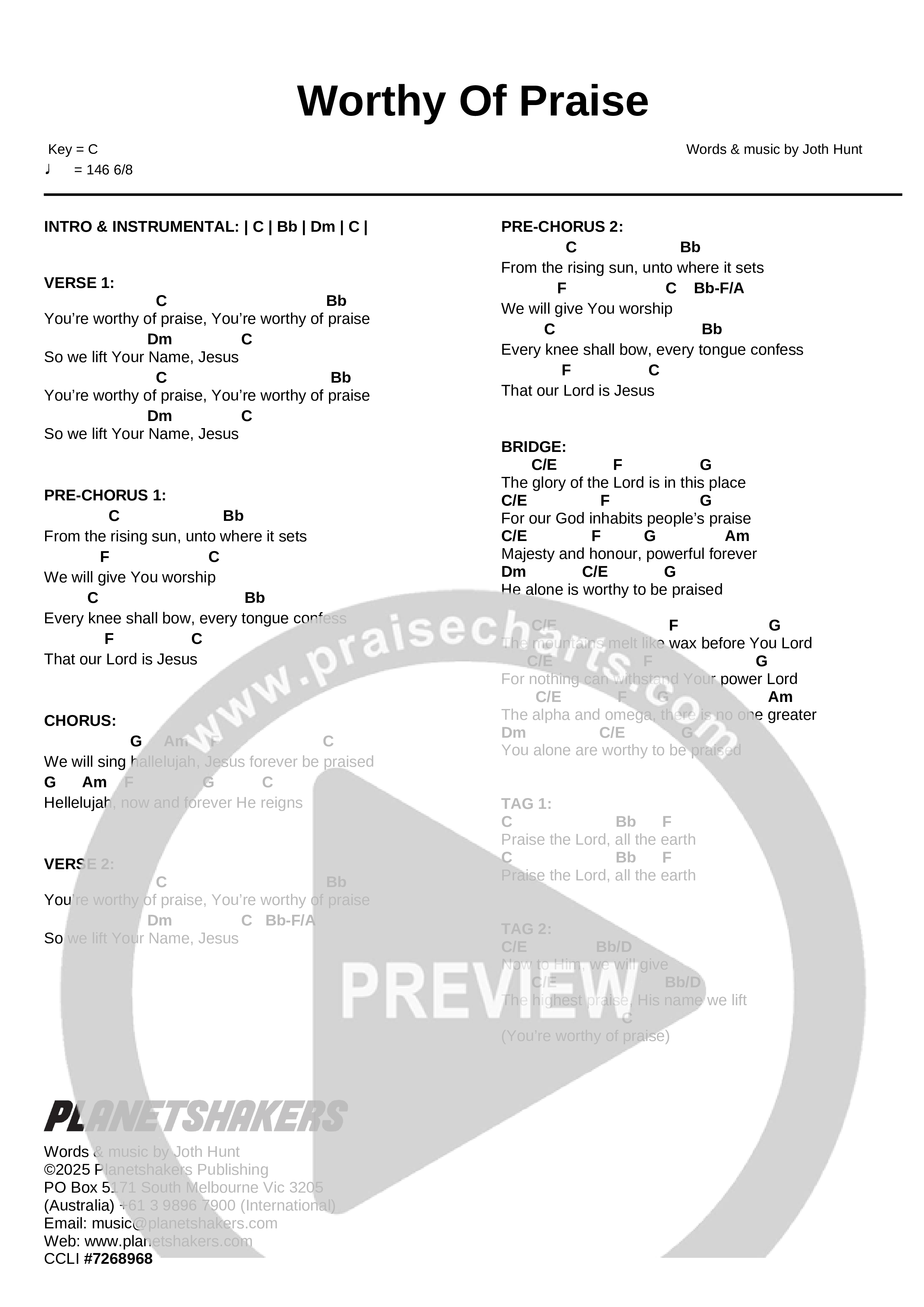 Worthy Of Praise (Live) Chord Chart (Planetshakers)