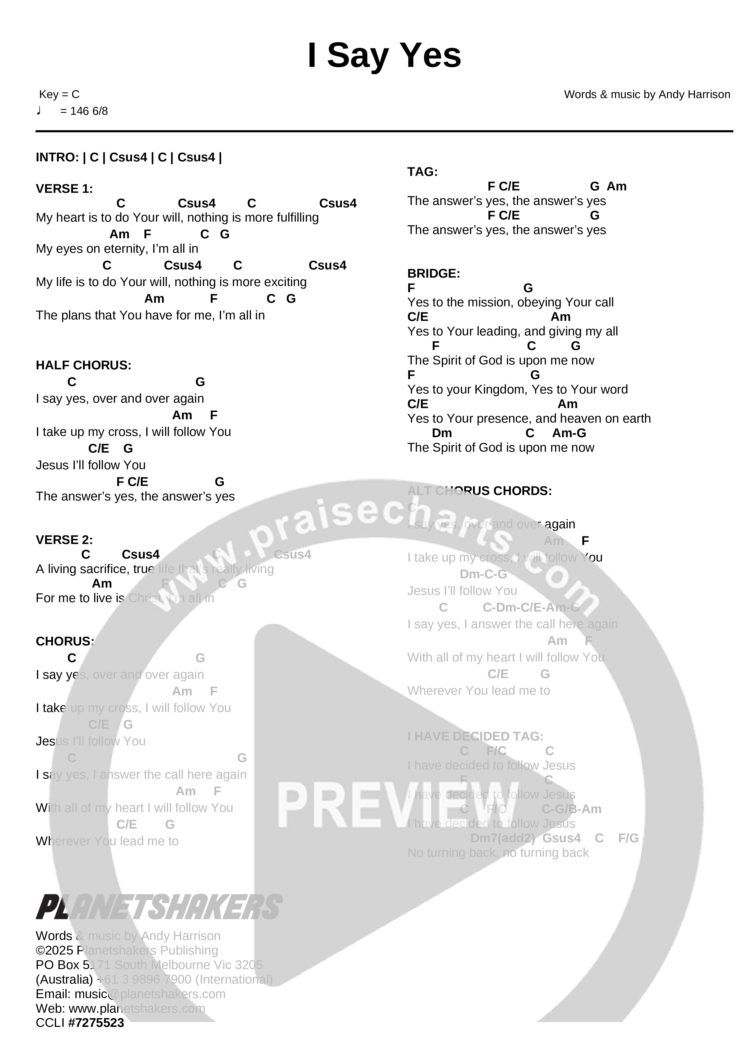 I Say Yes (Live) Chord Chart (Planetshakers)