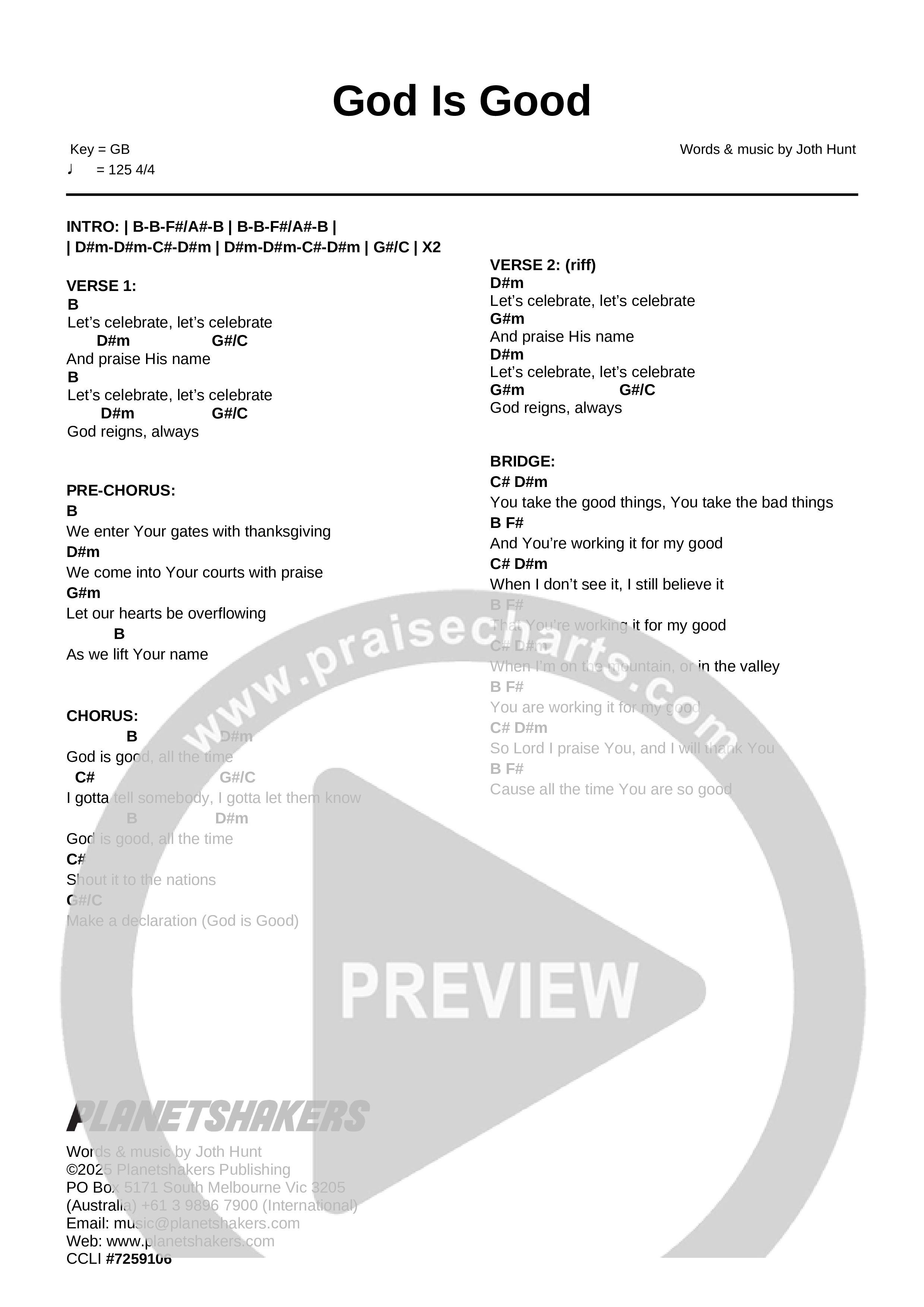 God Is Good (Live) Chord Chart (Planetshakers)