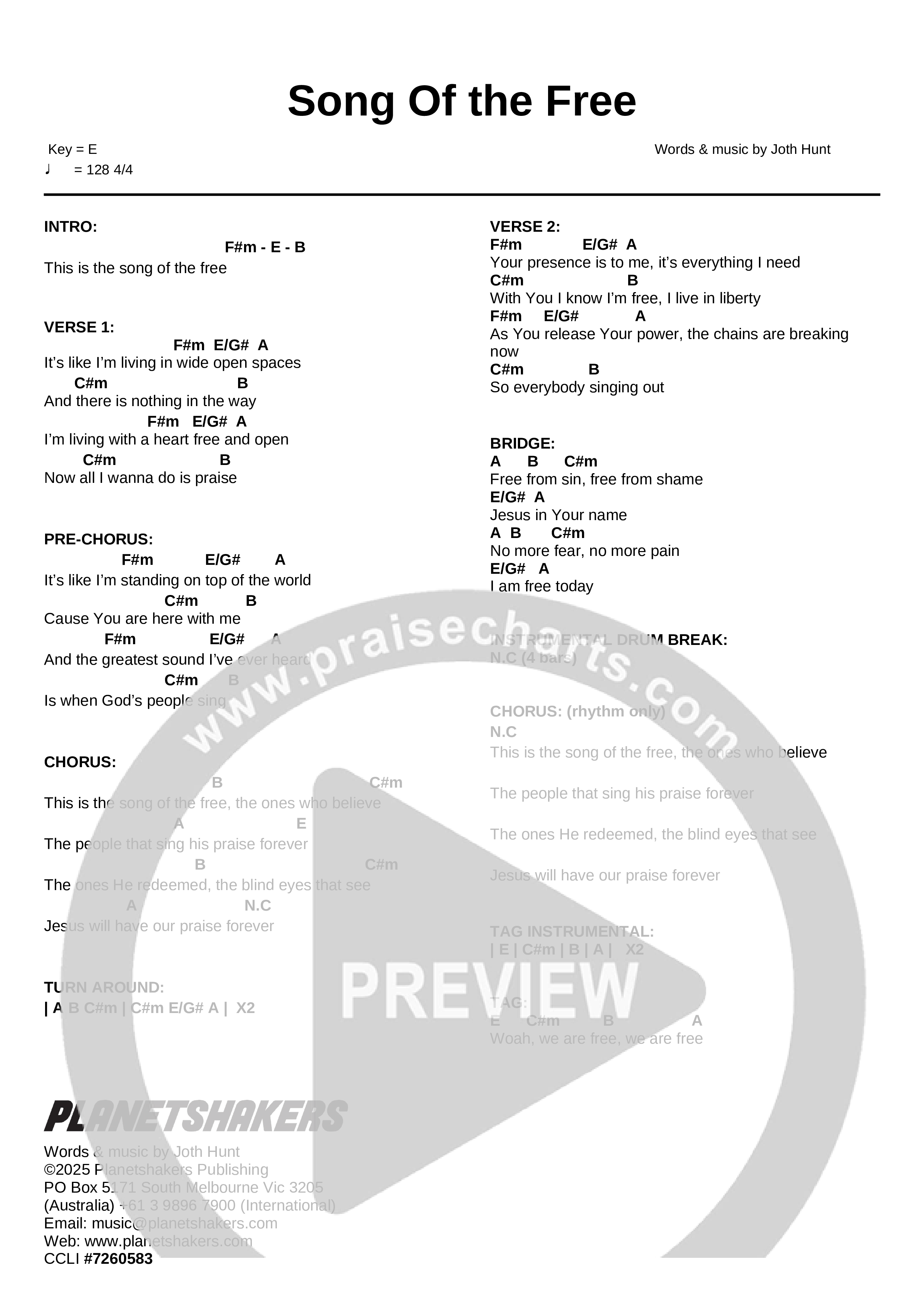 Song Of The Free (Live) Chord Chart (Planetshakers)