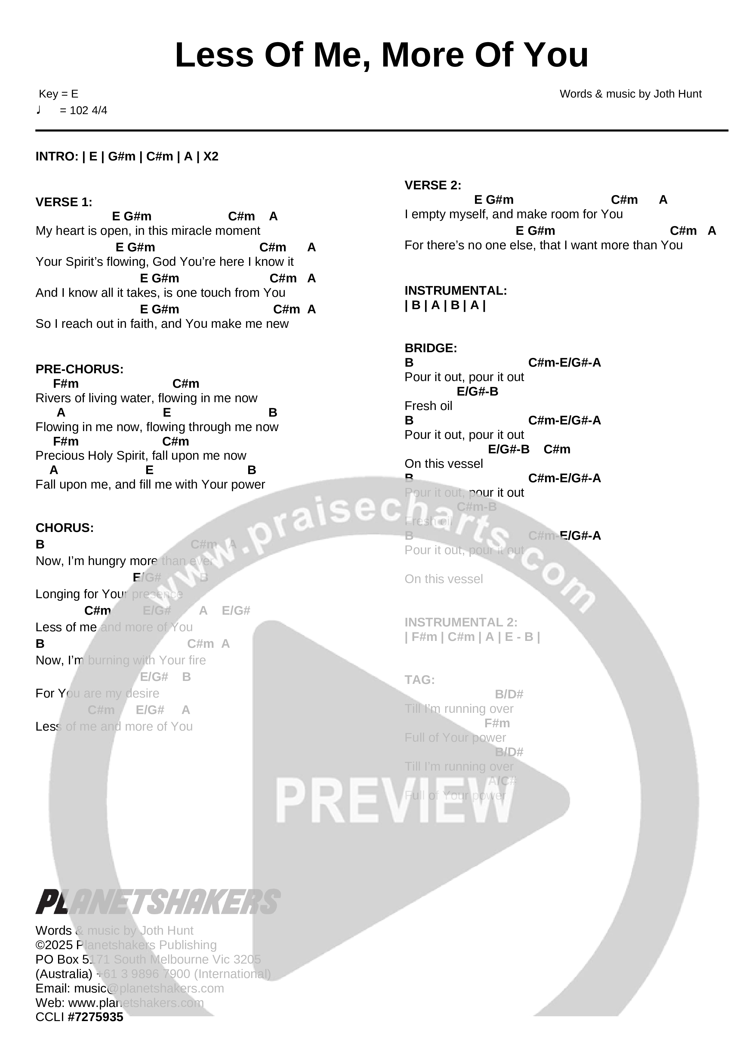 Less Of Me More Of You (Live) Chord Chart (Planetshakers)