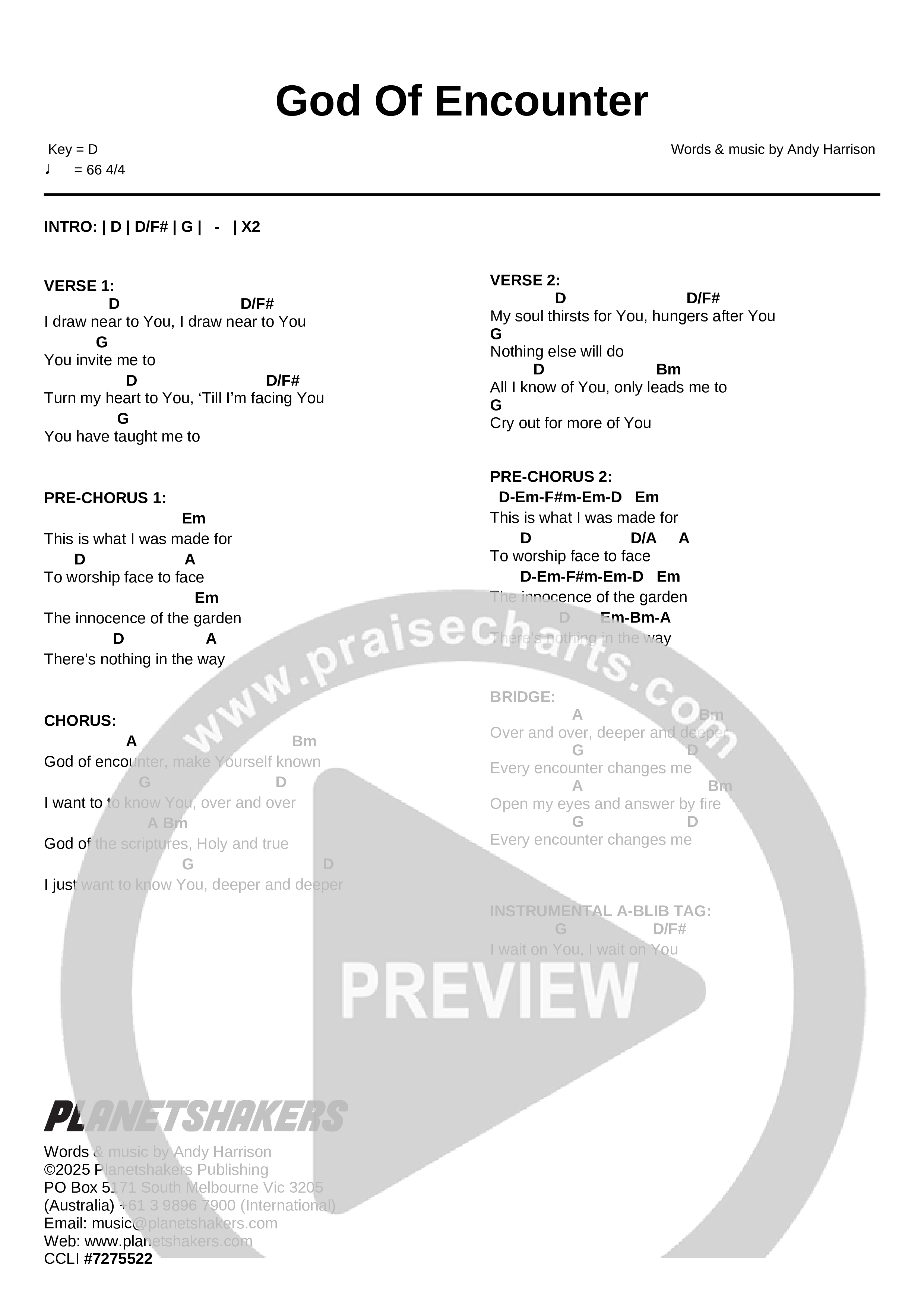 God Of The Encounter (Live) Chord Chart (Planetshakers)