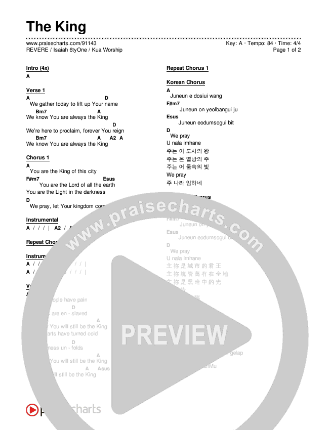 The King Chord Chart (REVERE / Isaiah 6tyOne / Kua Worship)