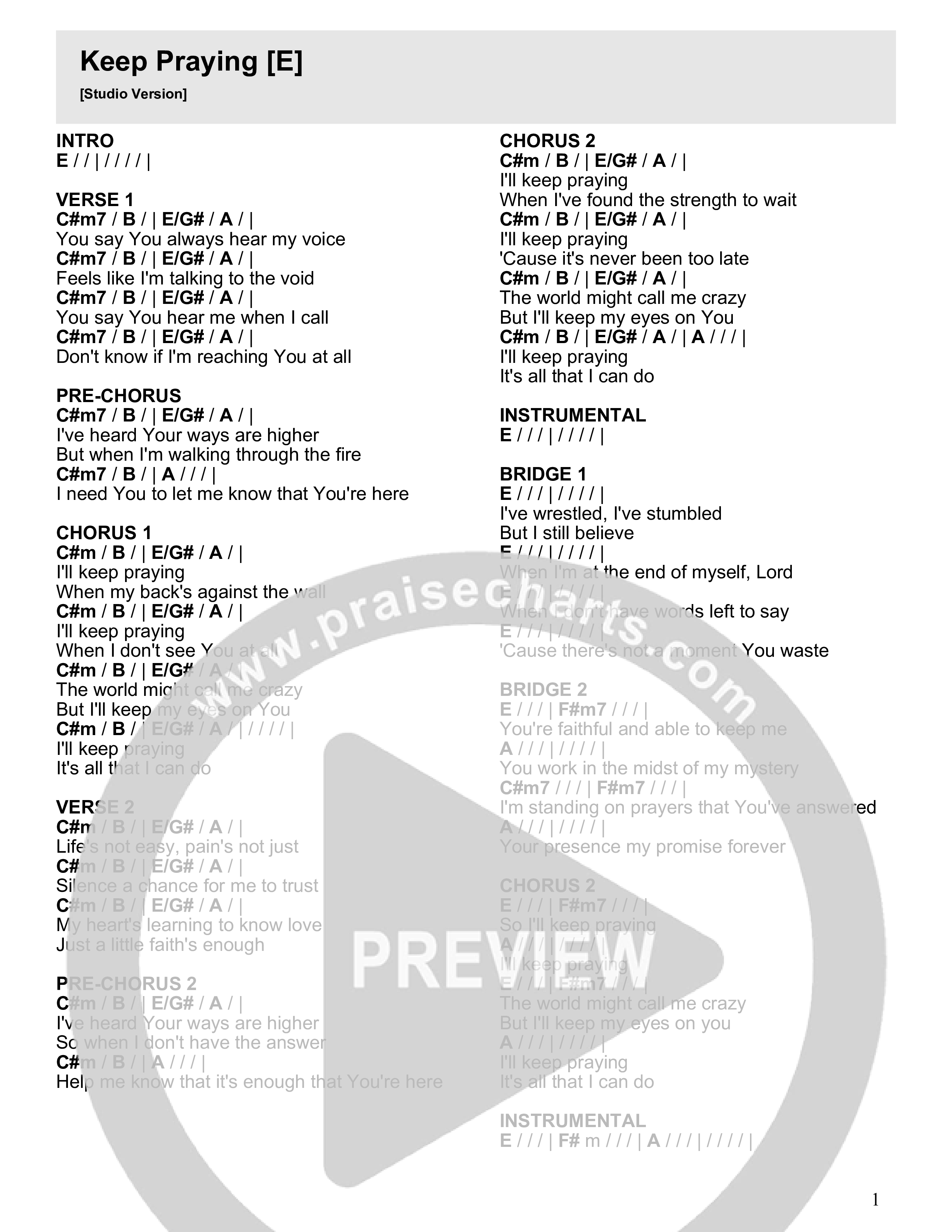 Keep Praying Chord Chart (River Valley AGES / Gracie Binion)
