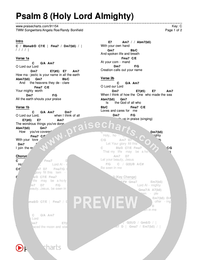 Psalm 8 (Holy Lord Almighty) Chords & Lyrics (TWM Songwriters / Angela Roe / Randy Bonifield)