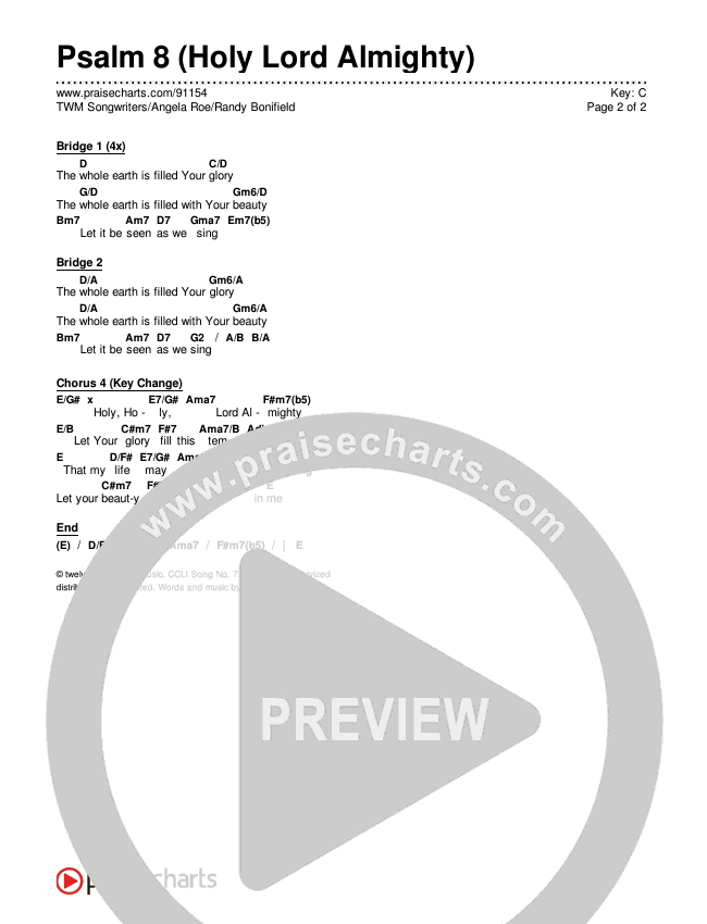 Psalm 8 (Holy Lord Almighty) Chords & Lyrics (TWM Songwriters / Angela Roe / Randy Bonifield)