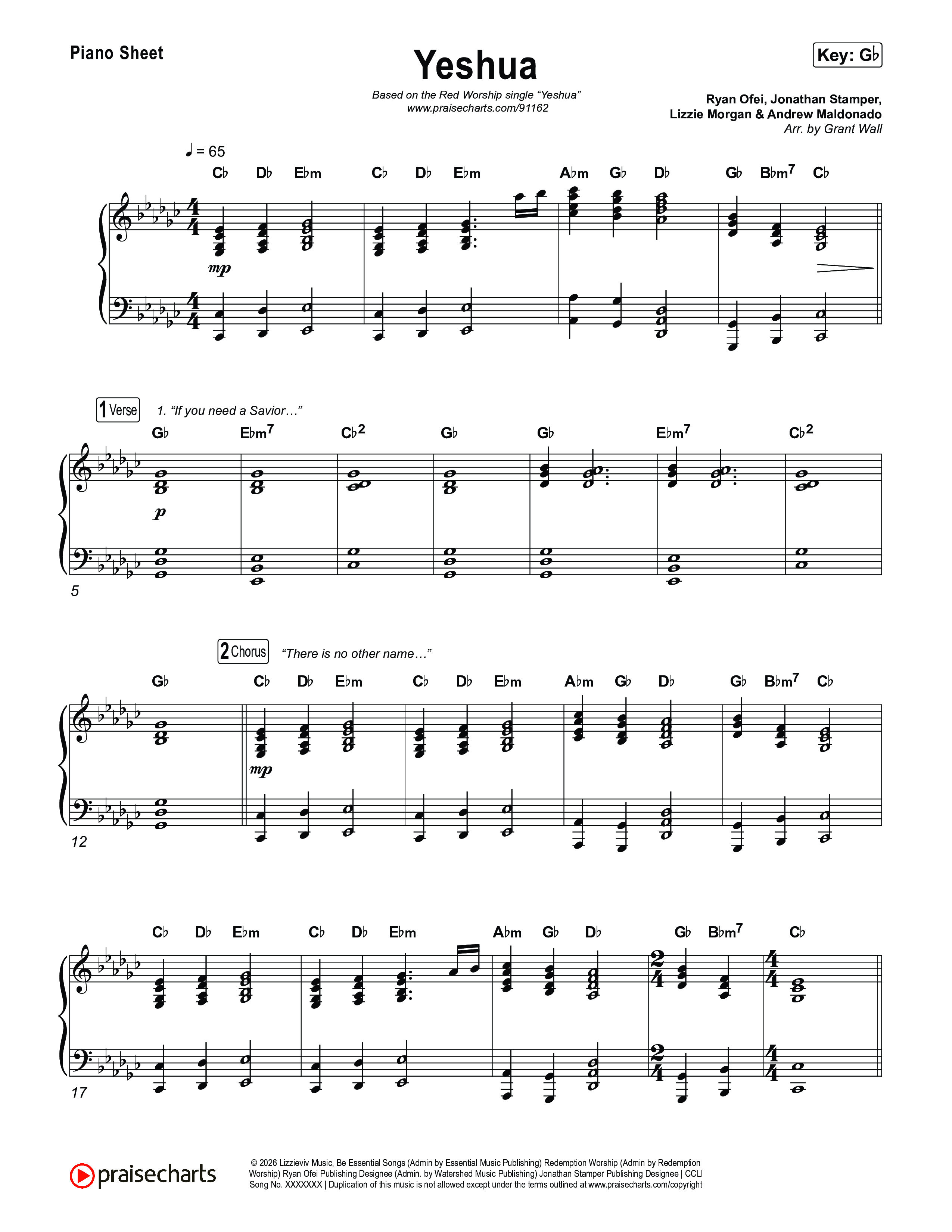 Yeshua Piano Sheet (Red Worship)