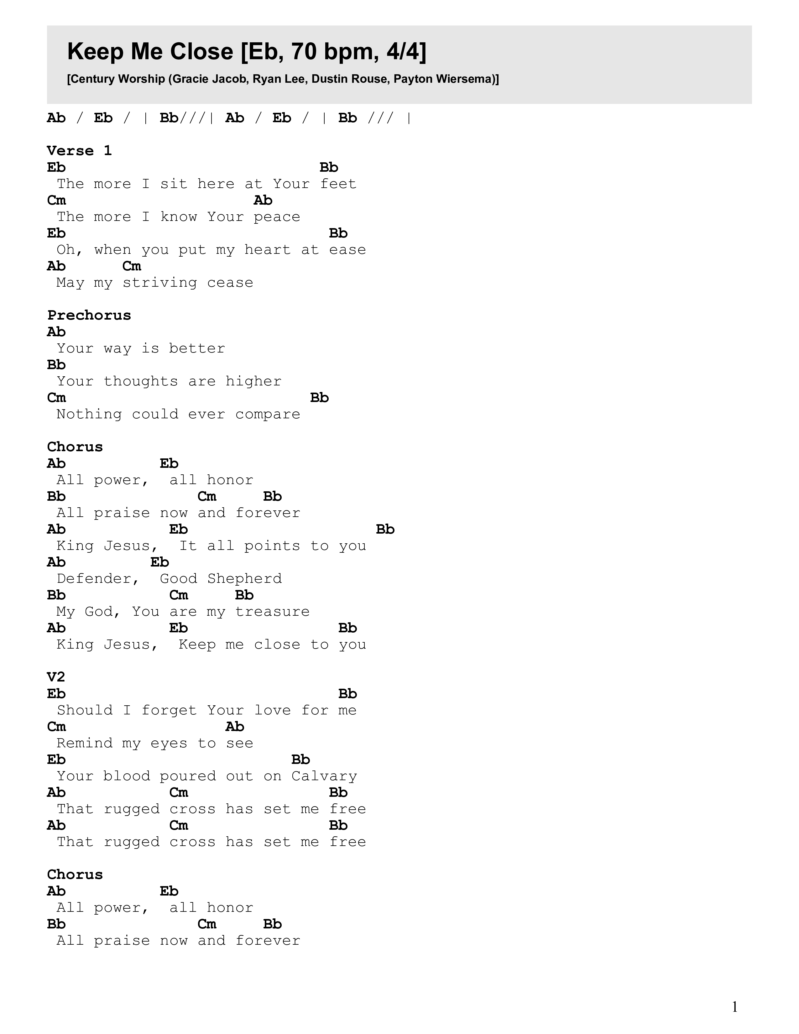 Keep Me Close (Live) Chord Chart (Century Worship)