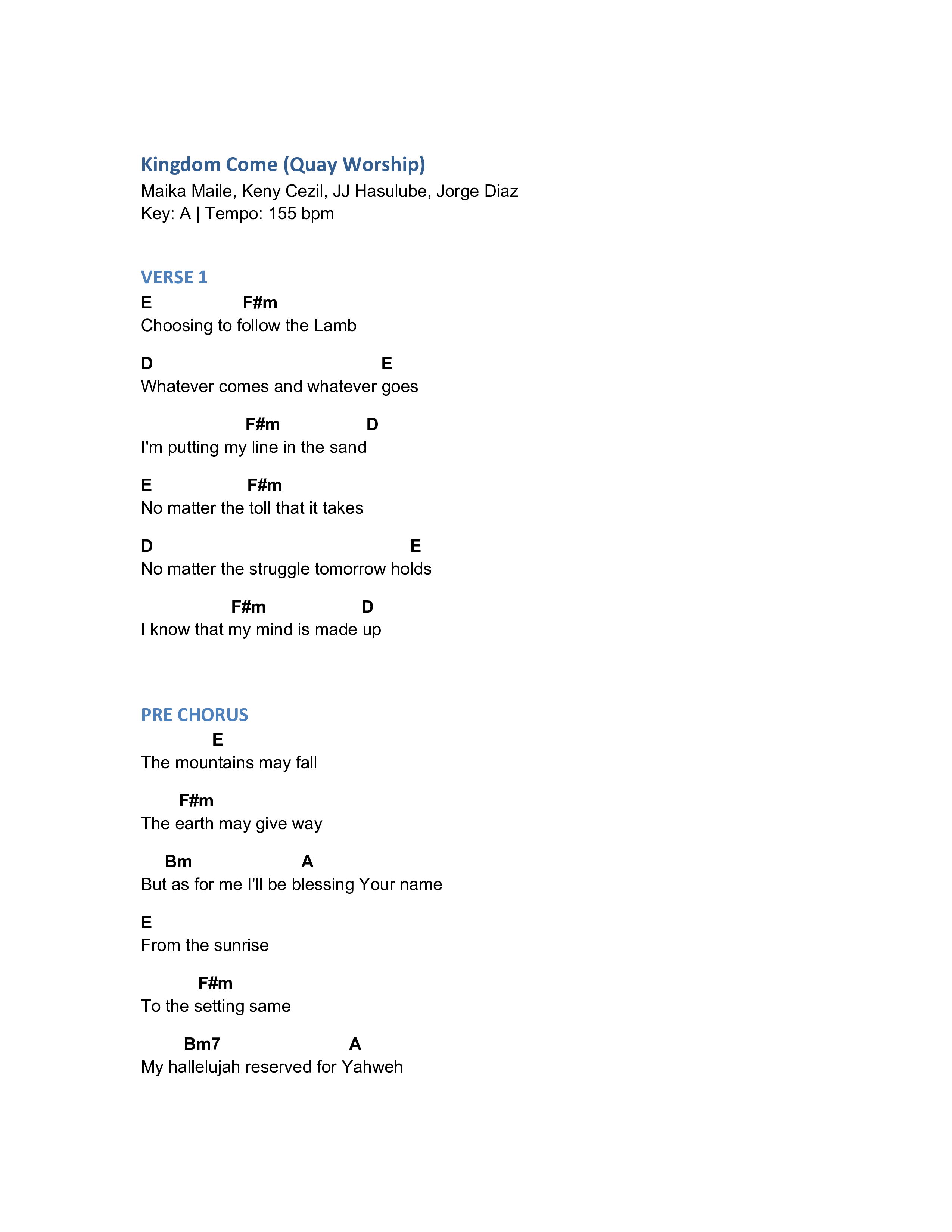 Kingdom Come Chord Chart (Quay Worship)