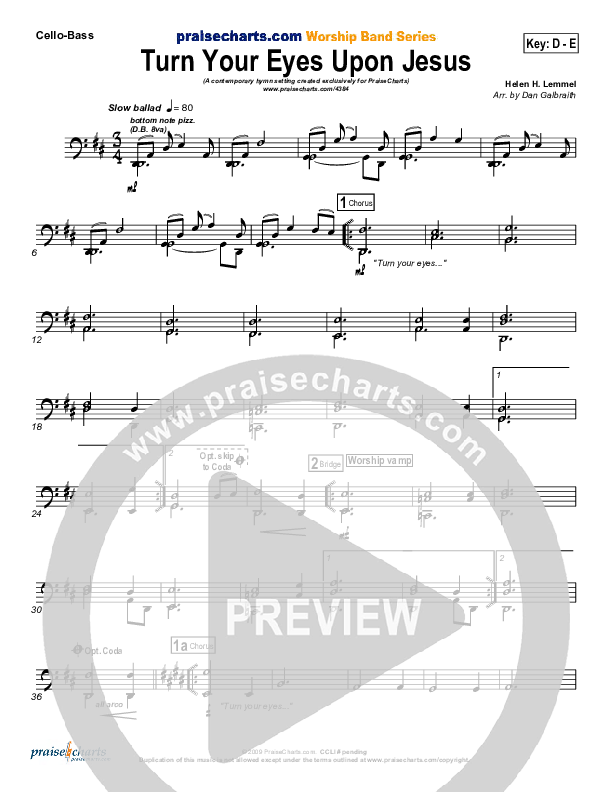 Turn Your Eyes Upon Jesus Cello/Bass (PraiseCharts Band / Arr. Daniel Galbraith)