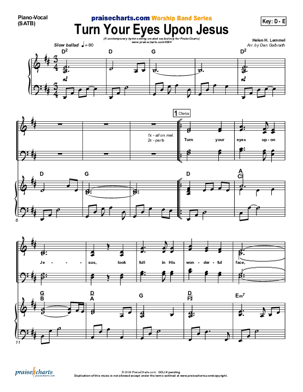 Turn Your Eyes Upon Jesus Piano/Vocal (PraiseCharts Band / Arr. Daniel Galbraith)