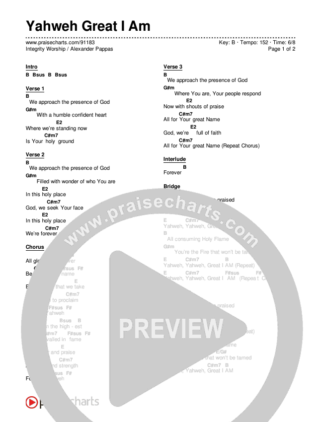 Yahweh Great I Am Chord Chart (Alexander Pappas / Integrity Worship)