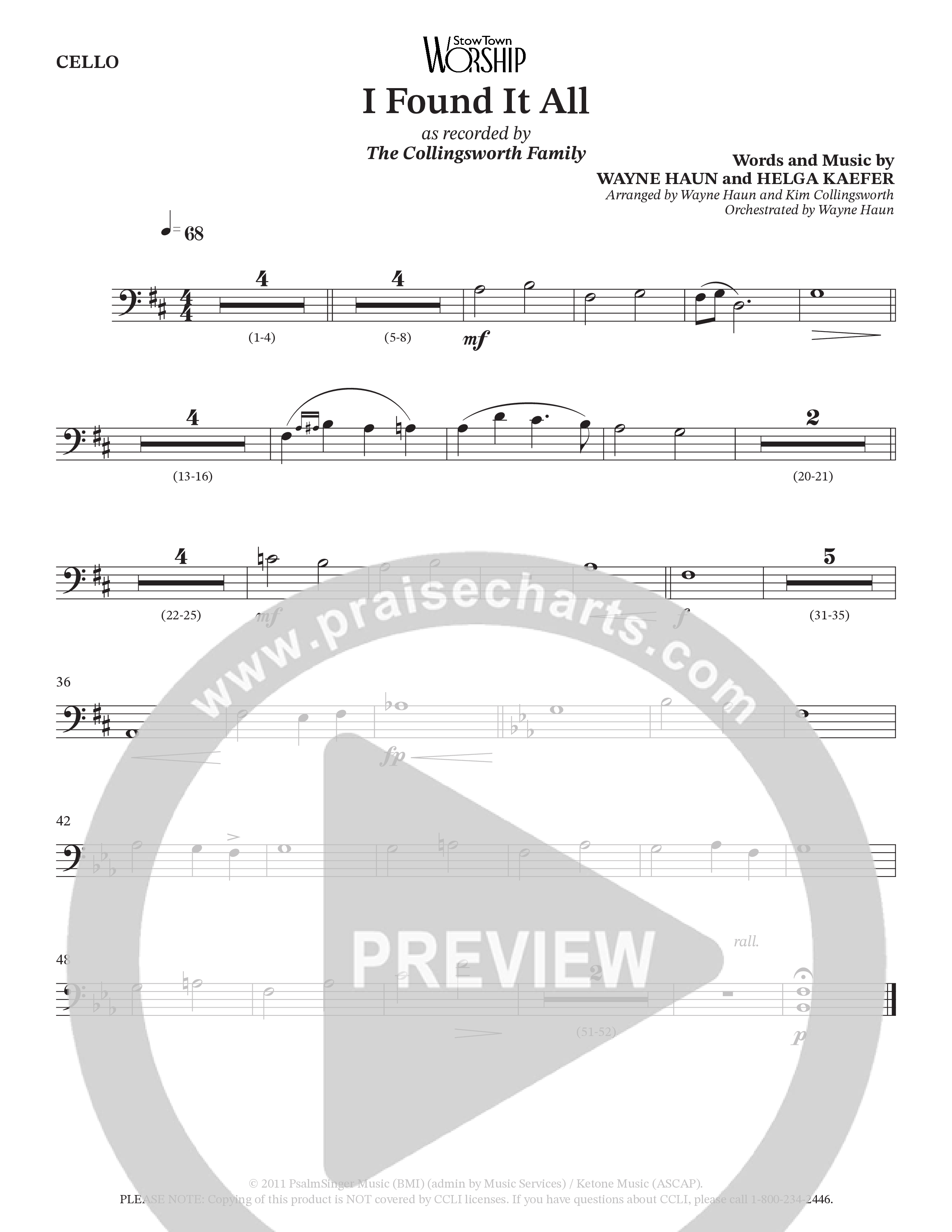 I Found It All (Choral Anthem SATB) Cello (Collingsworth Family)