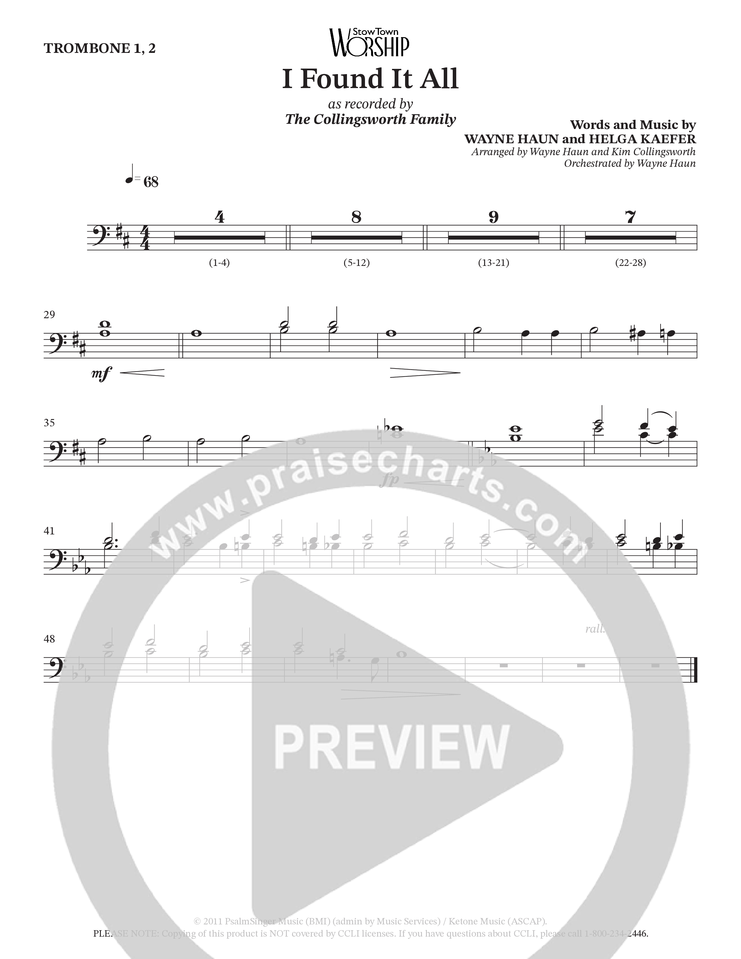 I Found It All (Choral Anthem SATB) Trombone 1/2 (Collingsworth Family)