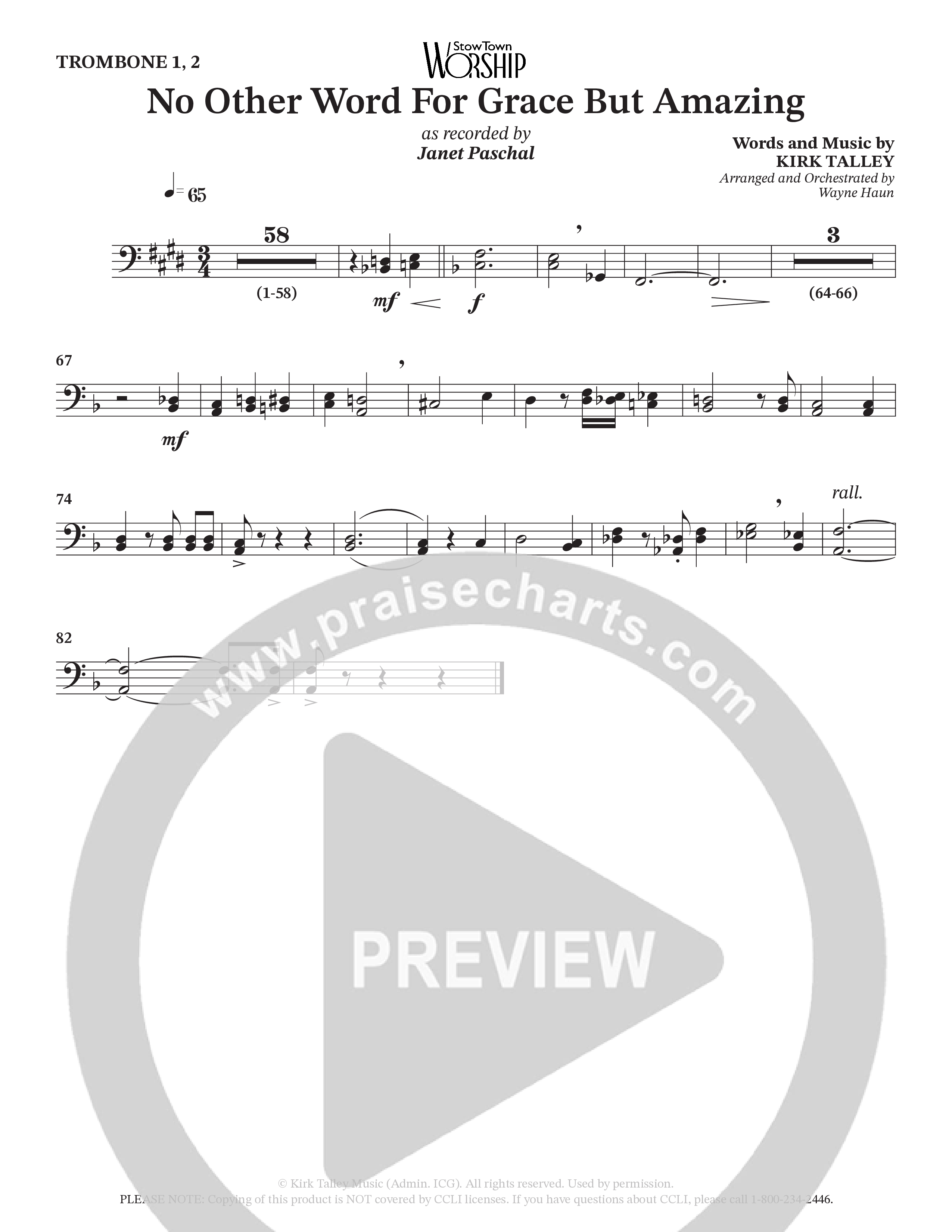 No Other Word For Grace But Amazing (Choral Anthem SATB) Trombone 1/2 (Janet Paschal / Houston's First Worship)