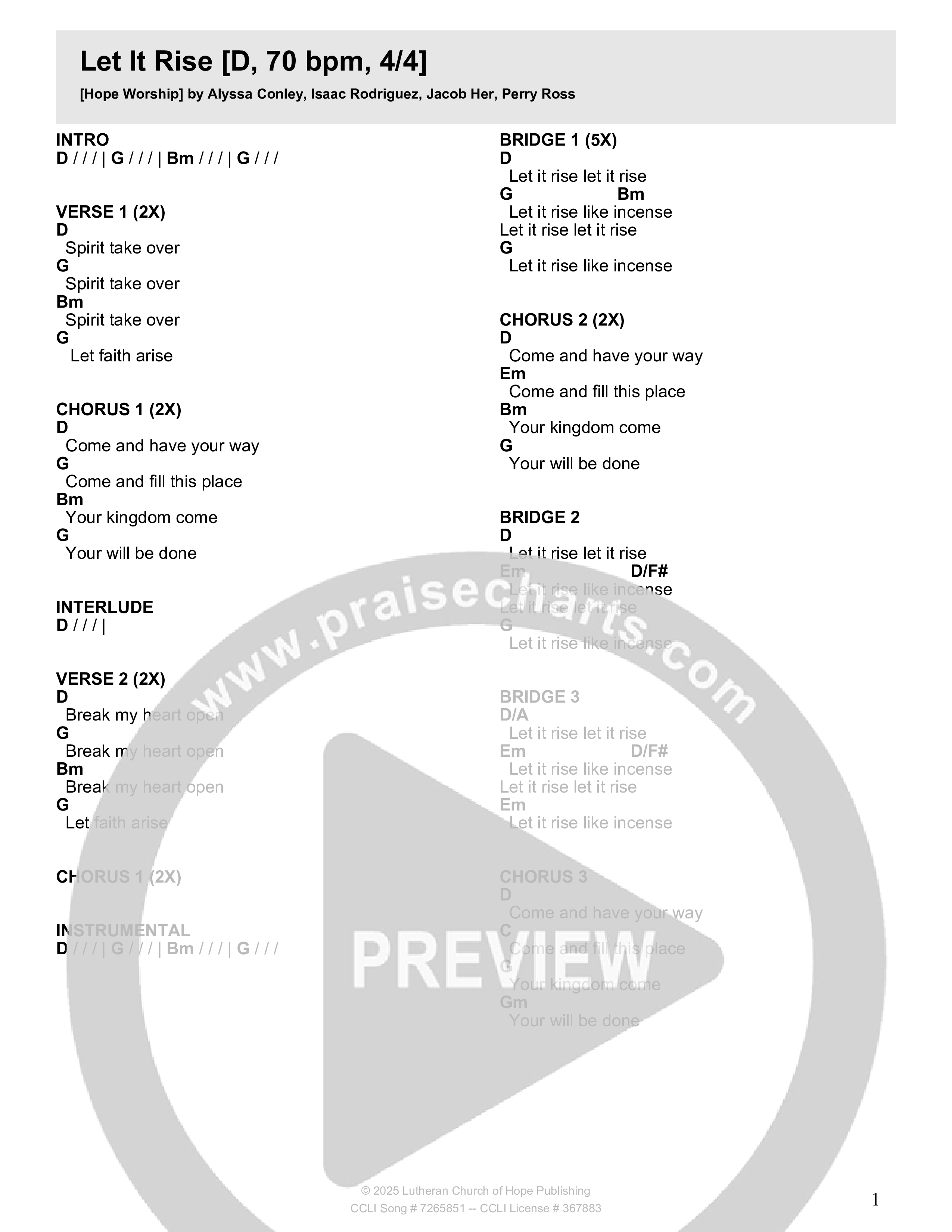 Let It Rise Chord Chart (Hope Worship)