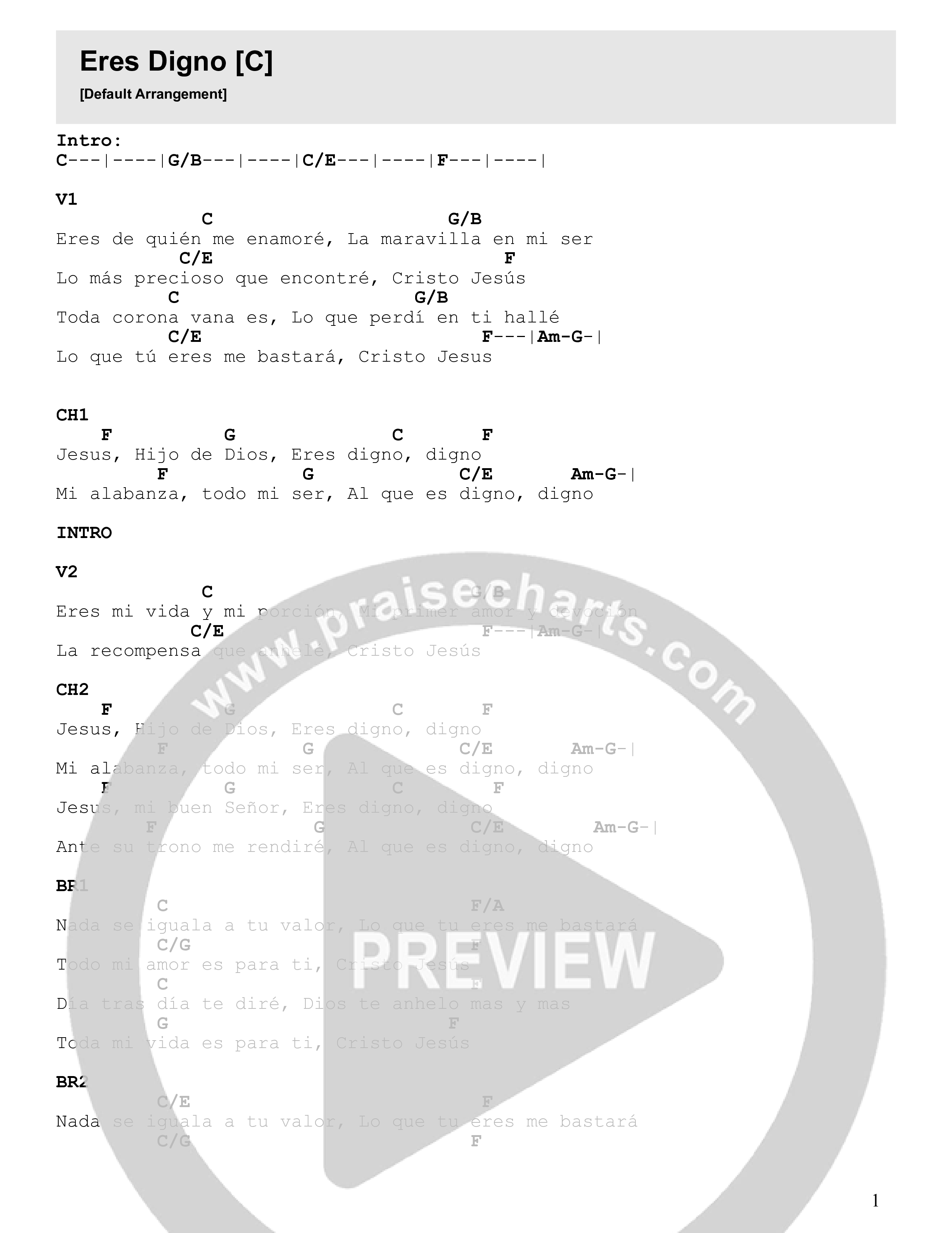 Eres Digno (The Worthy One) Chord Chart (New Life Worship Español)