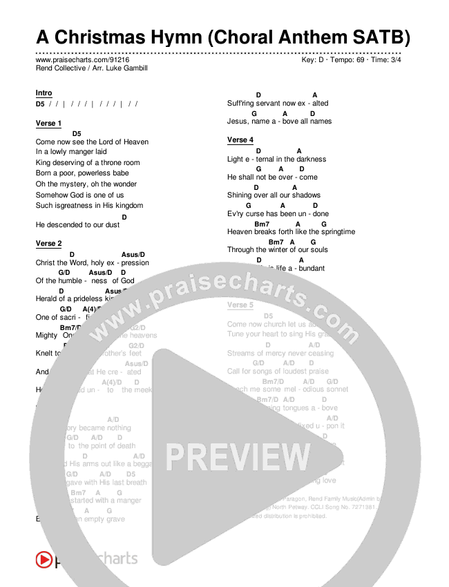 A Christmas Hymn (Choral Anthem SATB) Chords & Lyrics (Rend Collective / Arr. Luke Gambill)