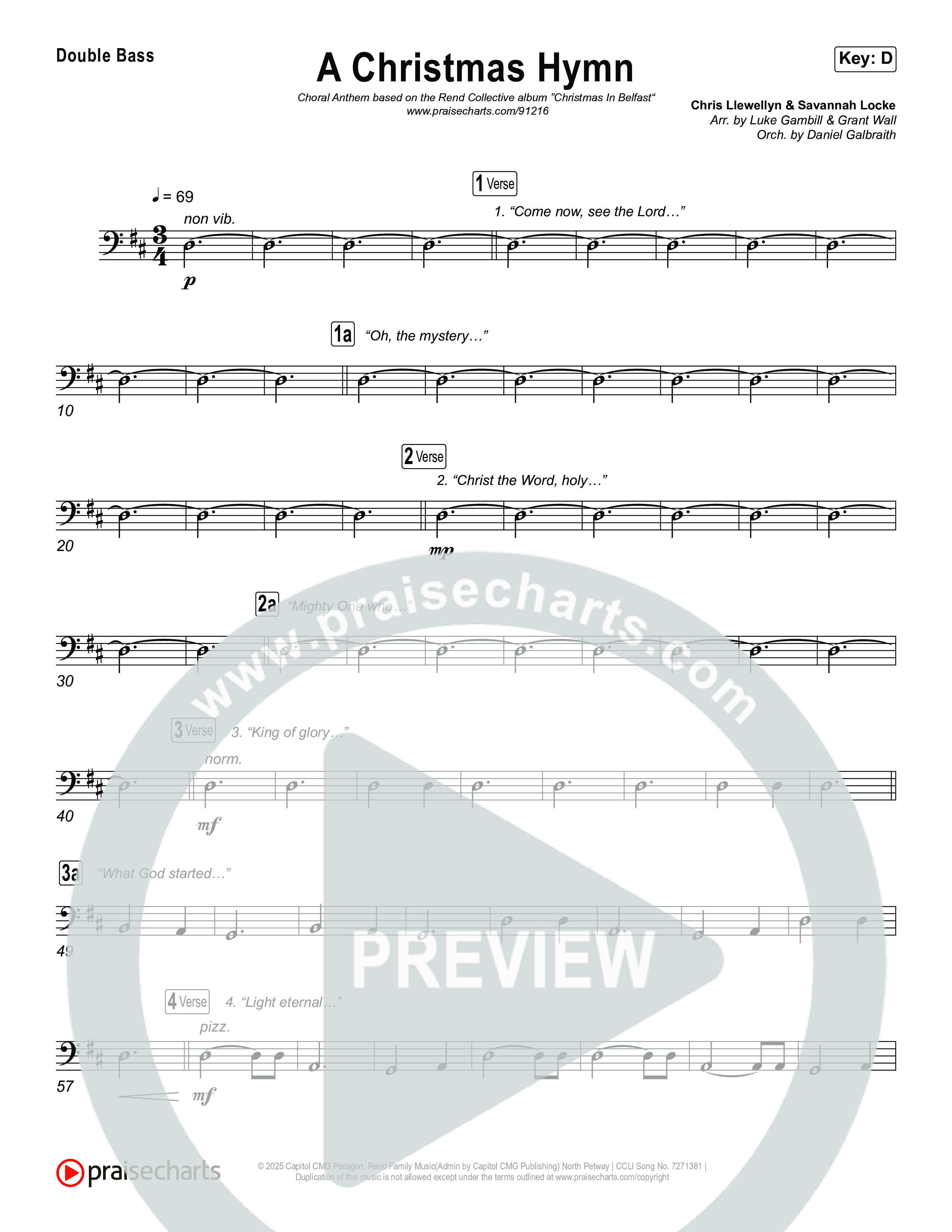 A Christmas Hymn (Choral Anthem SATB) String Bass (Rend Collective / Arr. Luke Gambill)