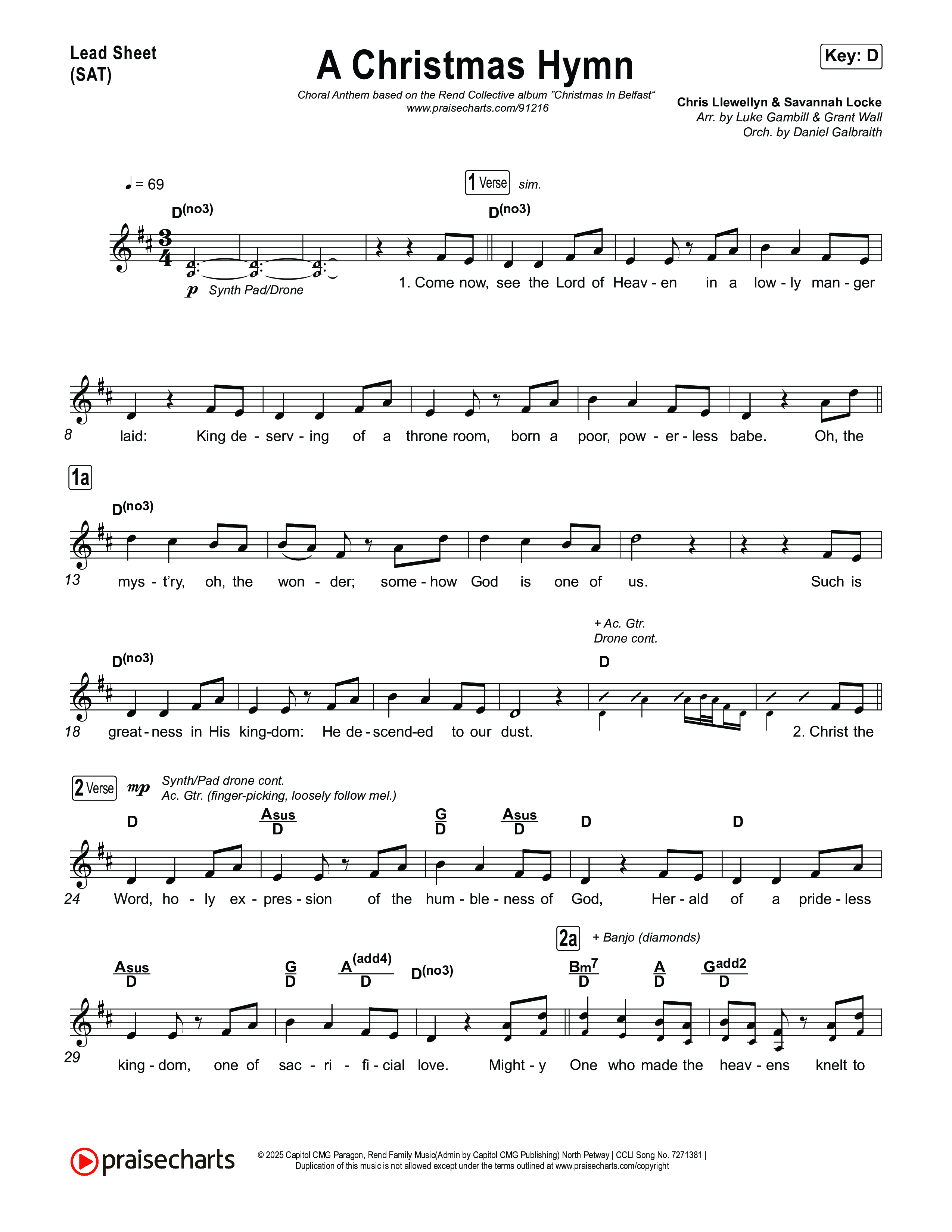 A Christmas Hymn (Choral Anthem SATB) Lead Sheet (SAT) (Rend Collective / Arr. Luke Gambill)