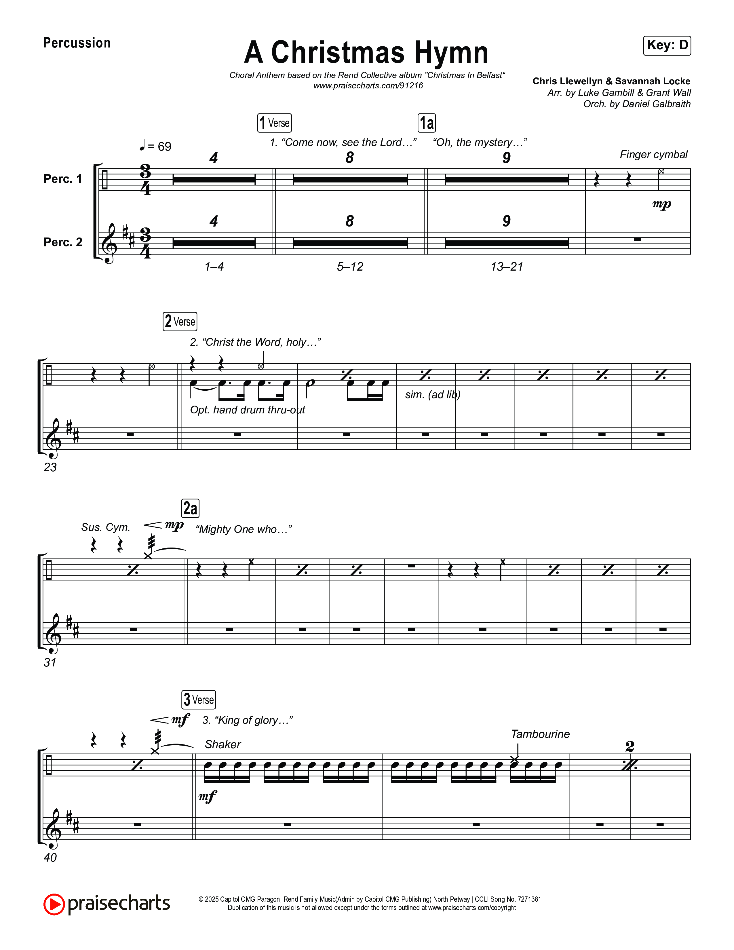 A Christmas Hymn (Choral Anthem SATB) Percussion (Rend Collective / Arr. Luke Gambill)