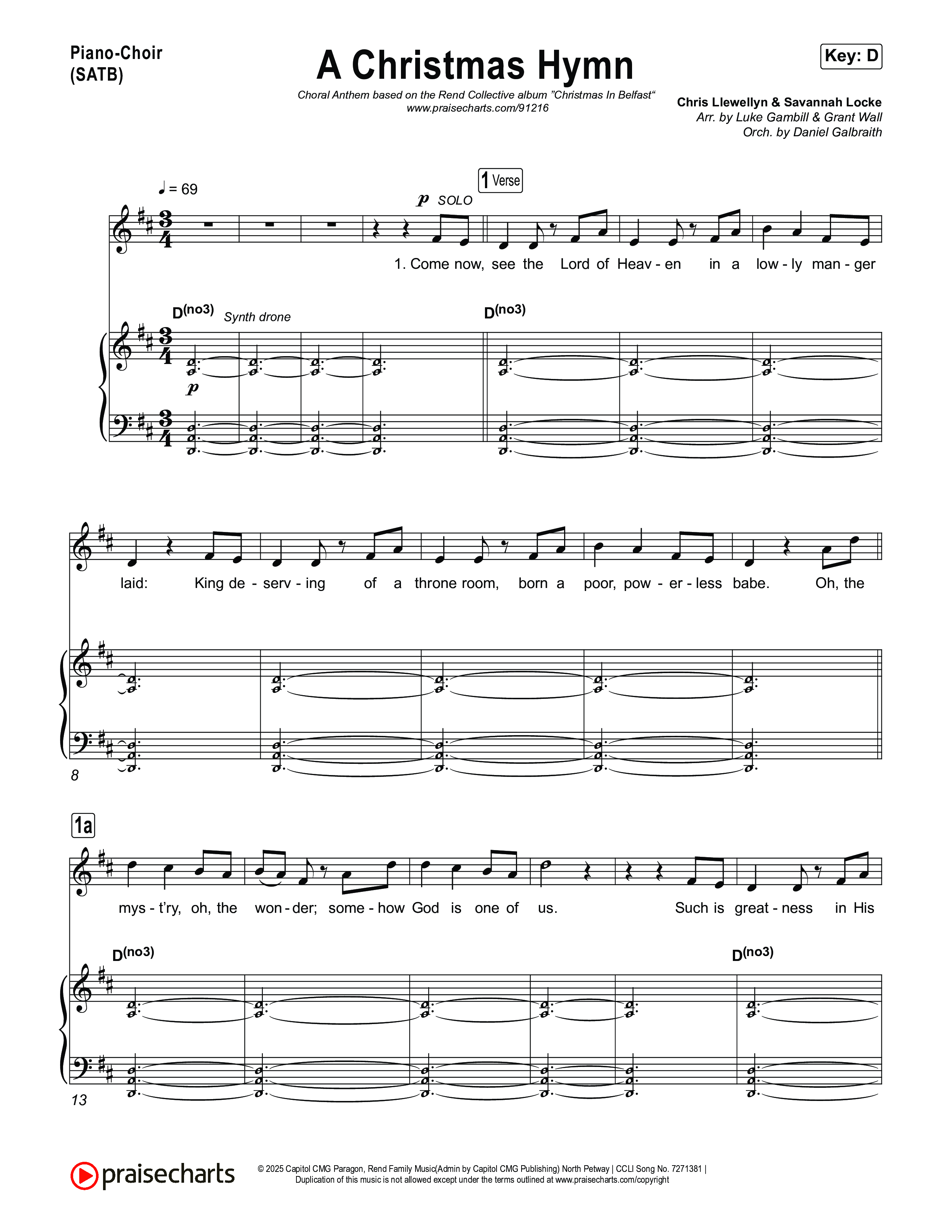 A Christmas Hymn (Choral Anthem SATB) Piano/Vocal (SATB) (Rend Collective / Arr. Luke Gambill)