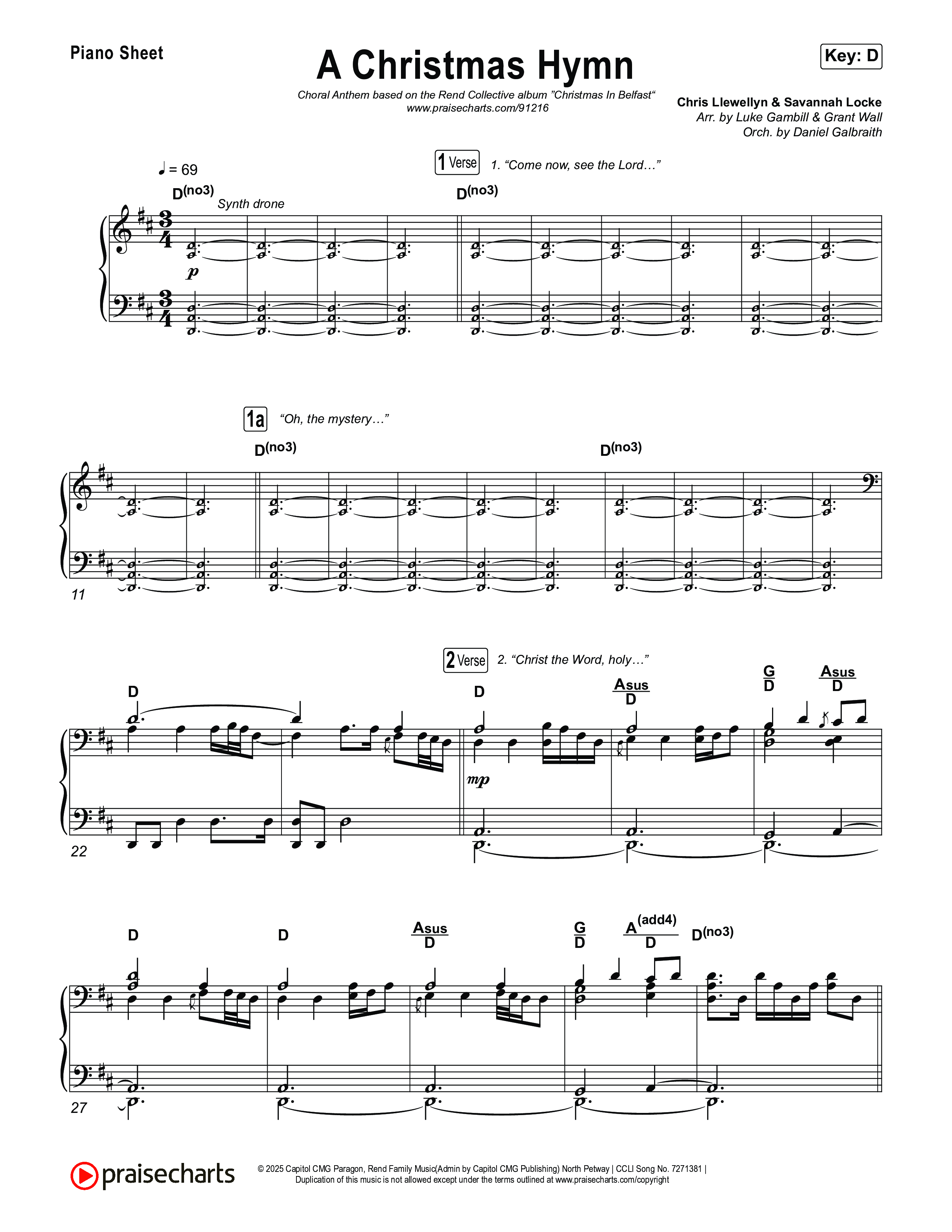 A Christmas Hymn (Choral Anthem SATB) Piano Sheet (Rend Collective / Arr. Luke Gambill)