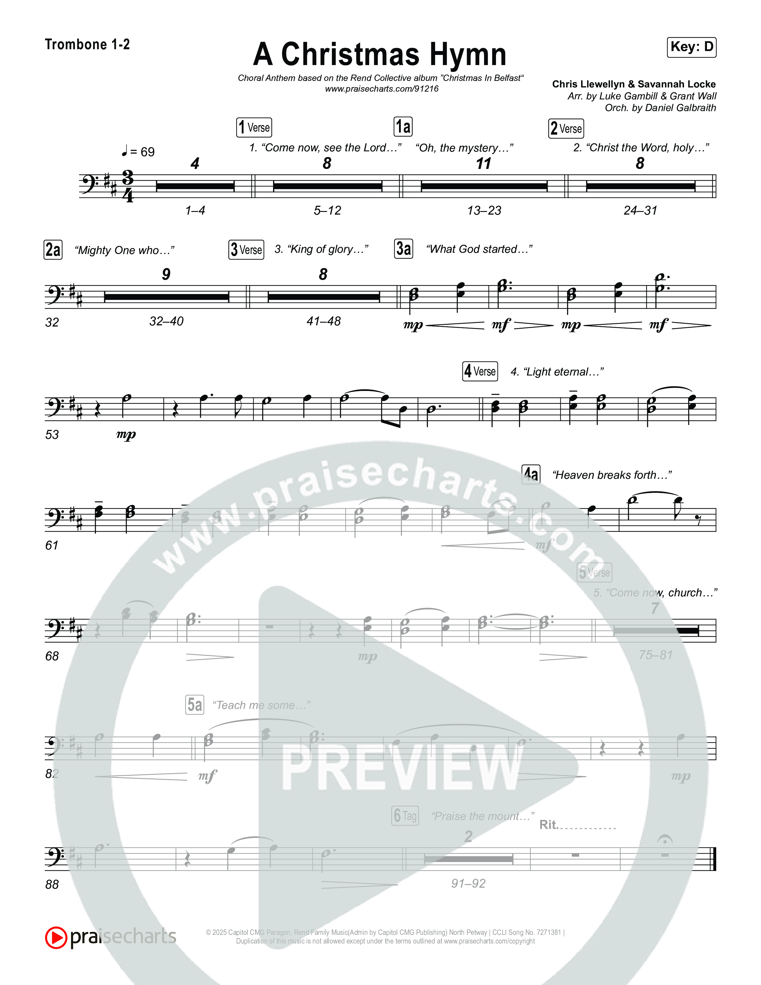 A Christmas Hymn (Choral Anthem SATB) Trombone 1,2 (Rend Collective / Arr. Luke Gambill)