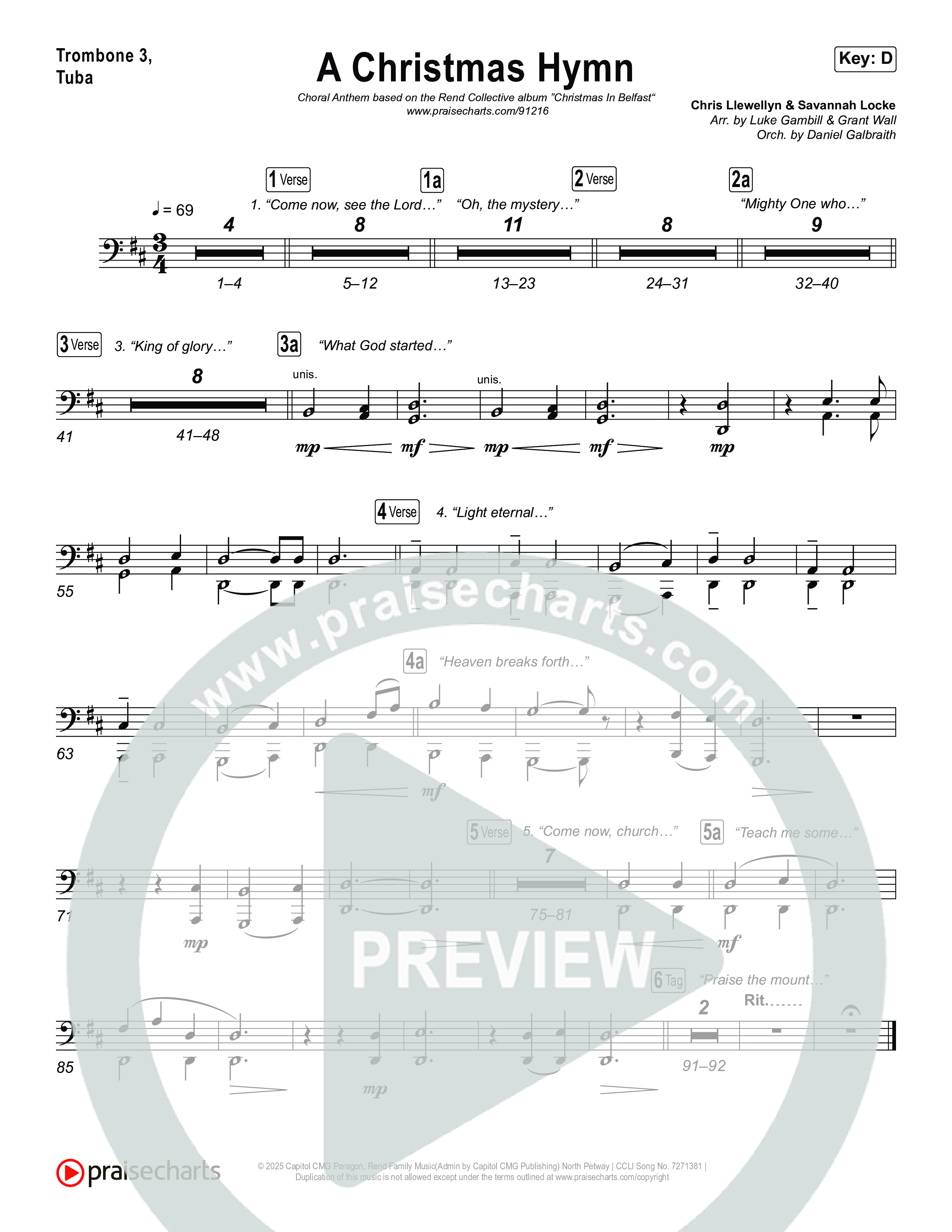 A Christmas Hymn (Choral Anthem SATB) Trombone 1,2 (Rend Collective / Arr. Luke Gambill)