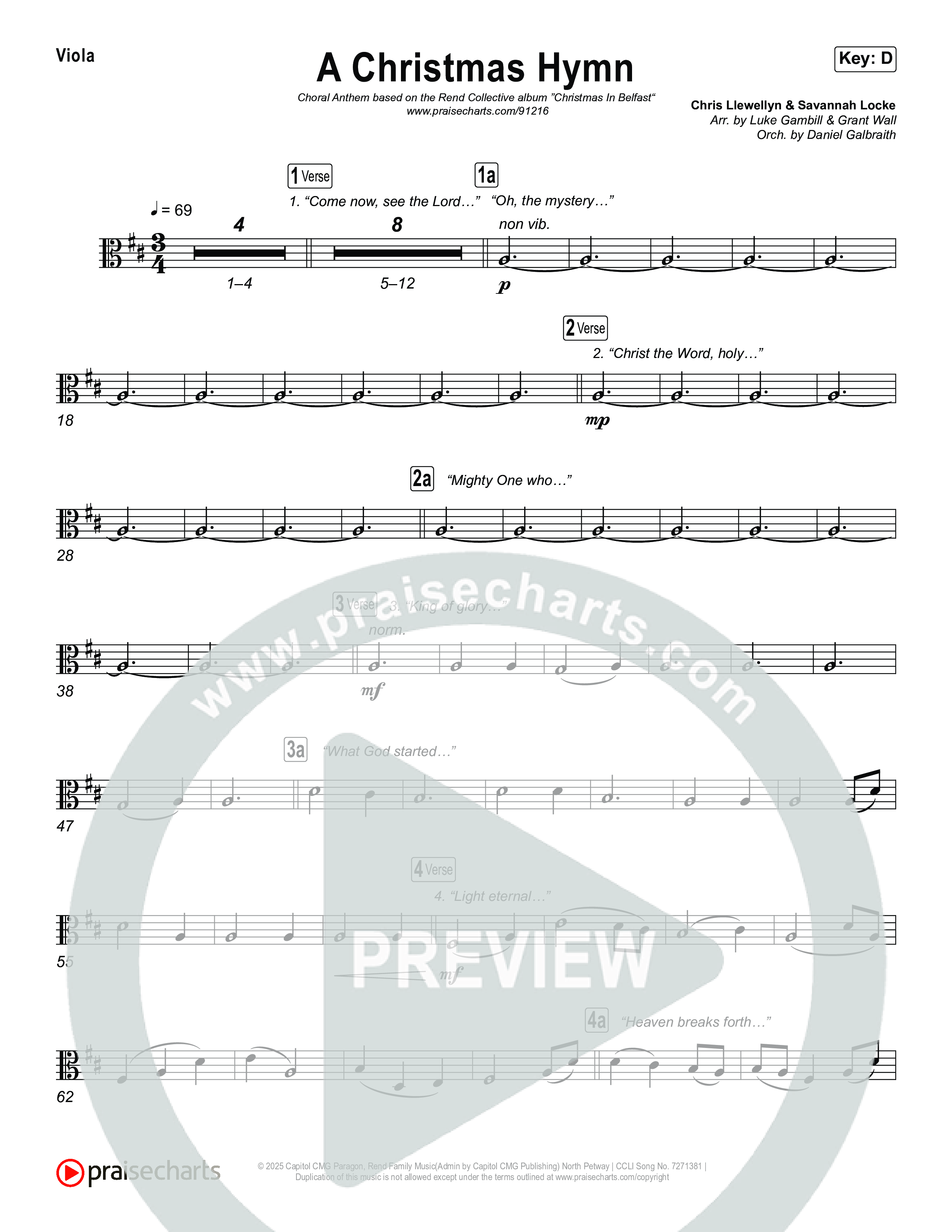 A Christmas Hymn (Choral Anthem SATB) Viola (Rend Collective / Arr. Luke Gambill)