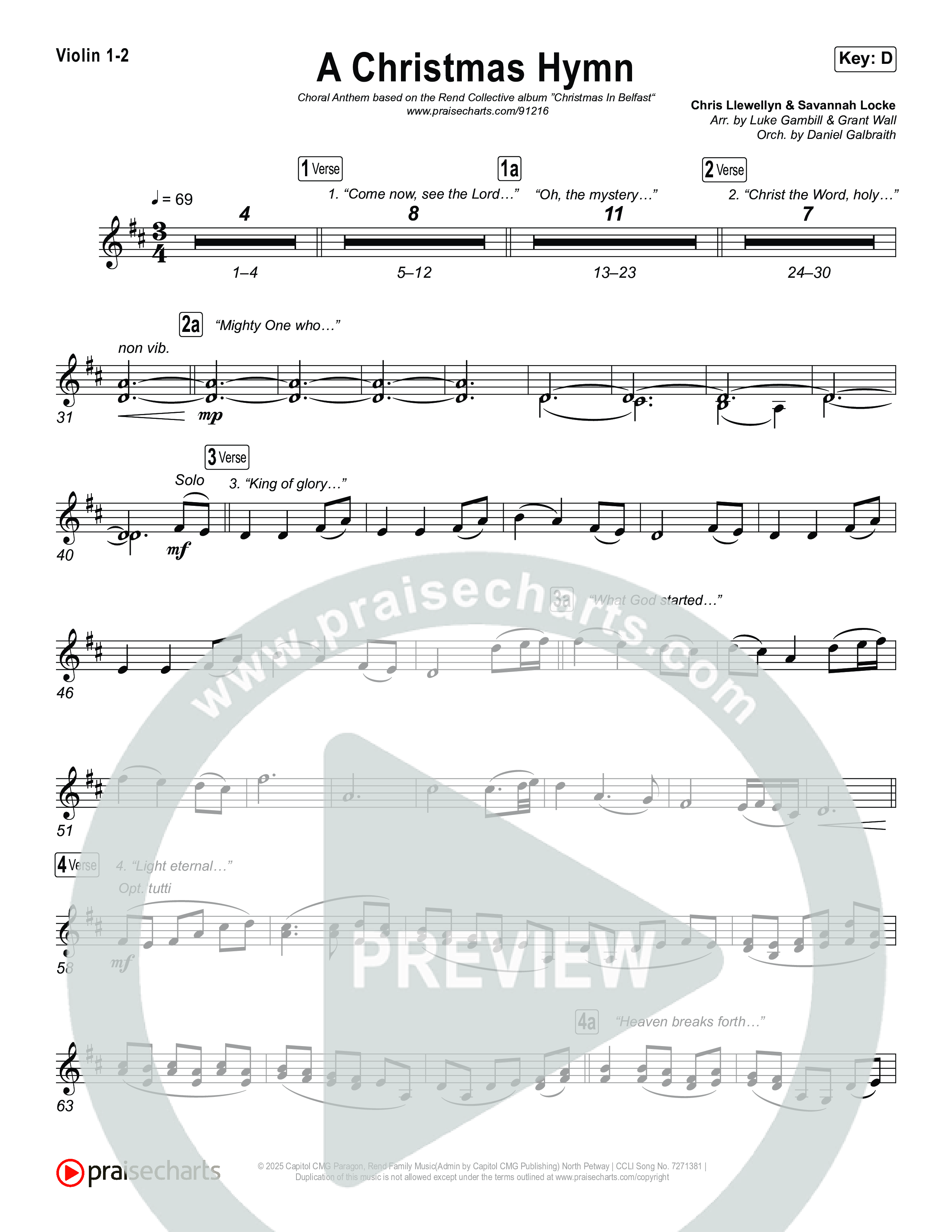 A Christmas Hymn (Choral Anthem SATB) String Pack (Rend Collective / Arr. Luke Gambill)