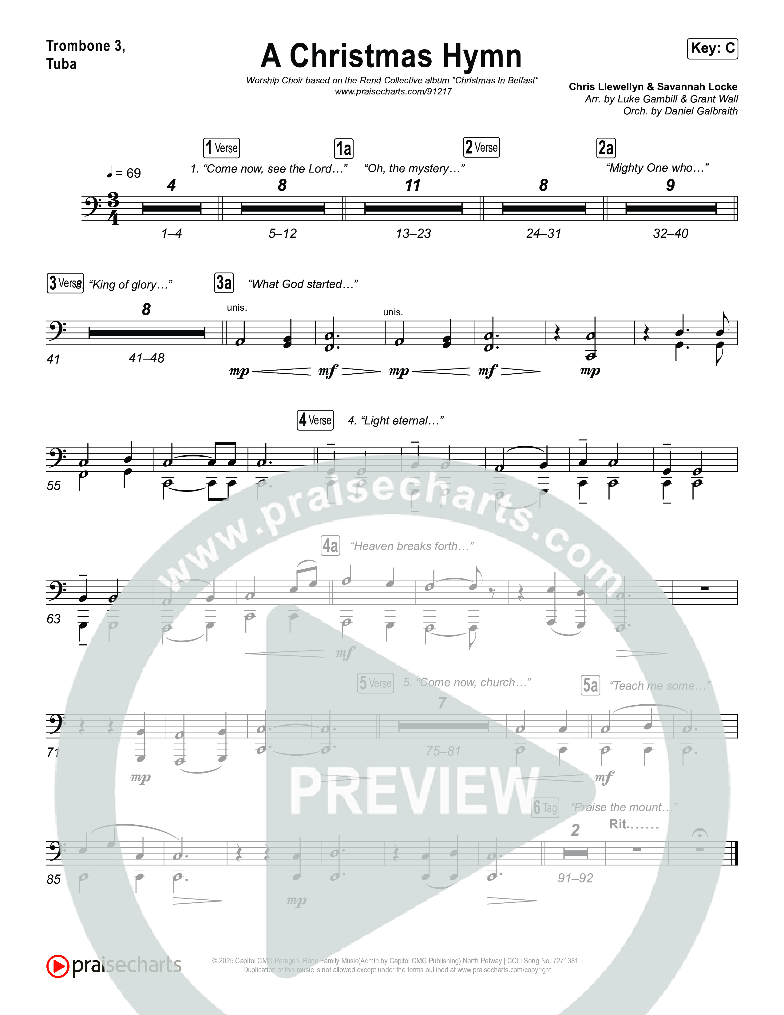 A Christmas Hymn (Worship Choir/SAB) Trombone 3/Tuba (Rend Collective / Arr. Luke Gambill)