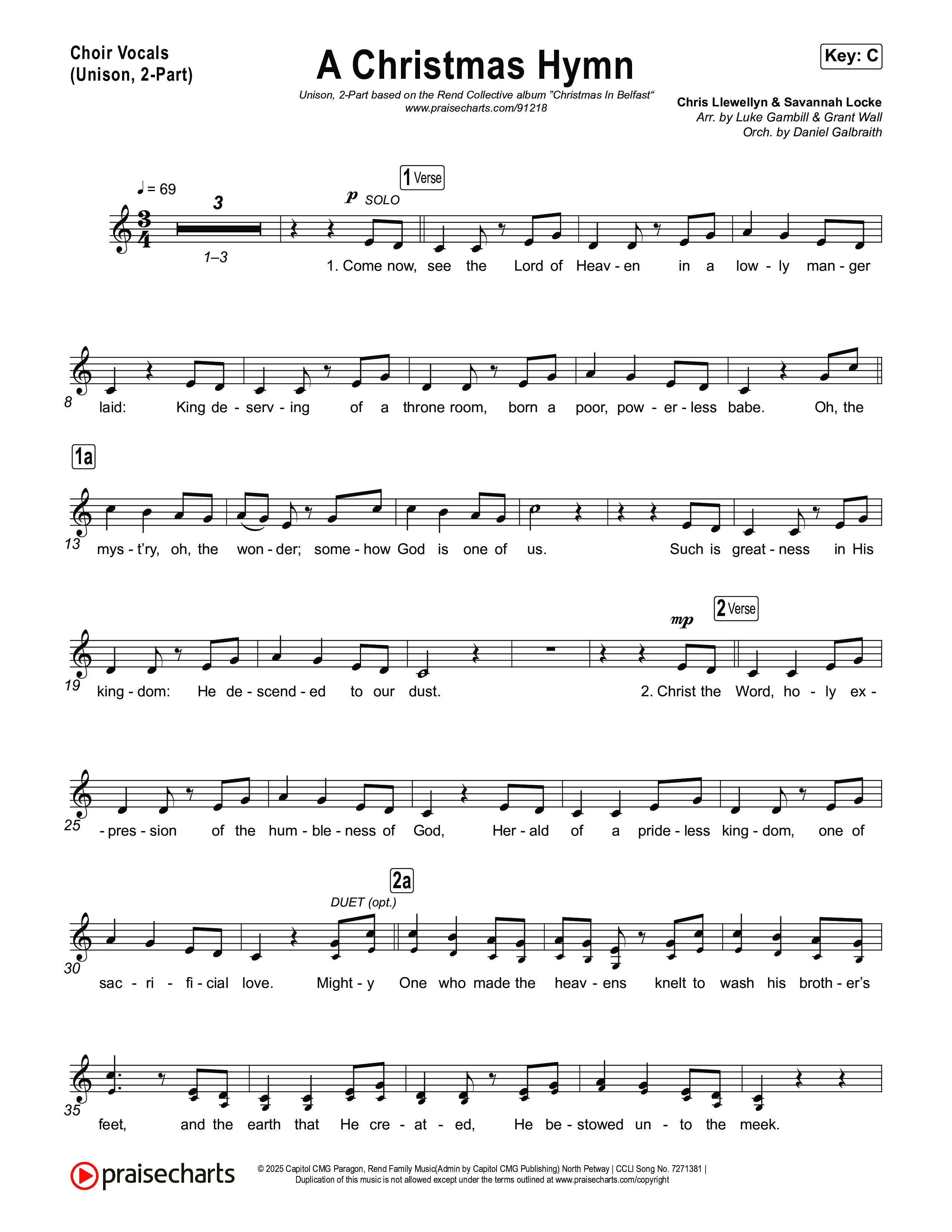 A Christmas Hymn (Unison/2-Part) Choir Vocals (Uni/2-Part) (Rend Collective / Arr. Luke Gambill)