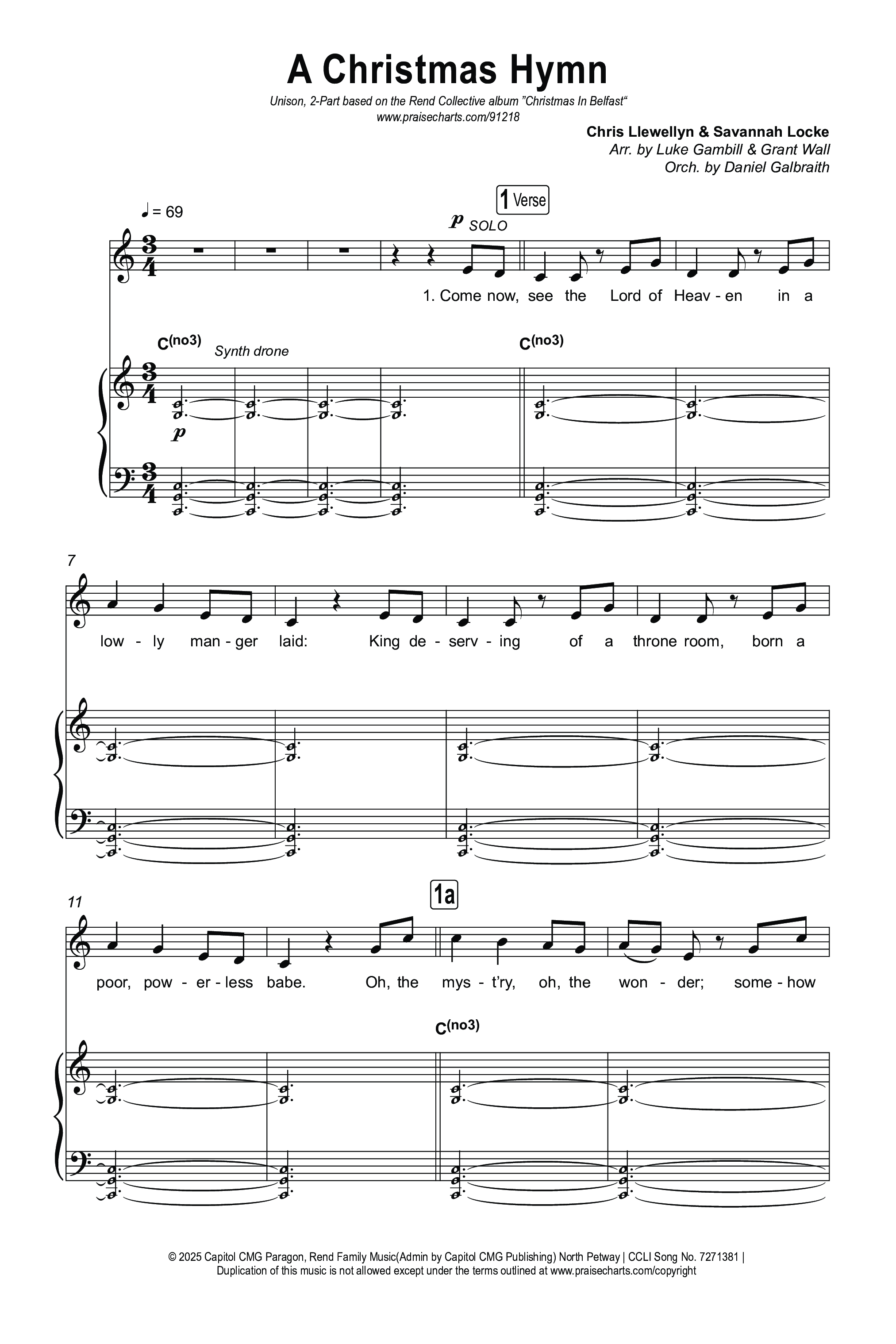 A Christmas Hymn (Unison/2-Part) Octavo (Uni/2-Part & Pno) (Rend Collective / Arr. Luke Gambill)