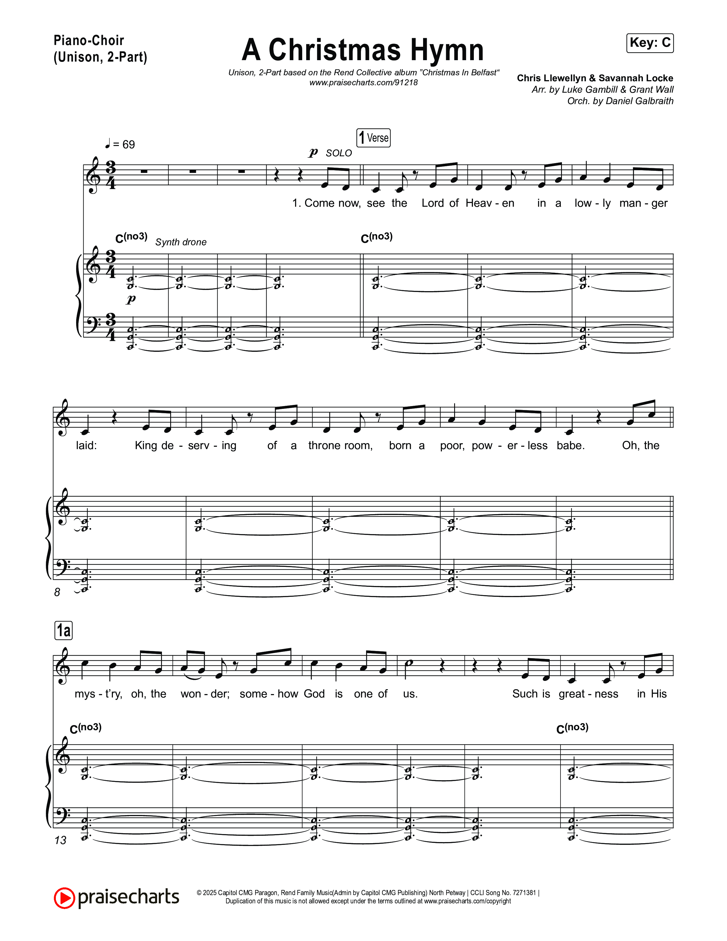 A Christmas Hymn (Unison/2-Part) Piano/Choir  (Uni/2-Part) (Rend Collective / Arr. Luke Gambill)