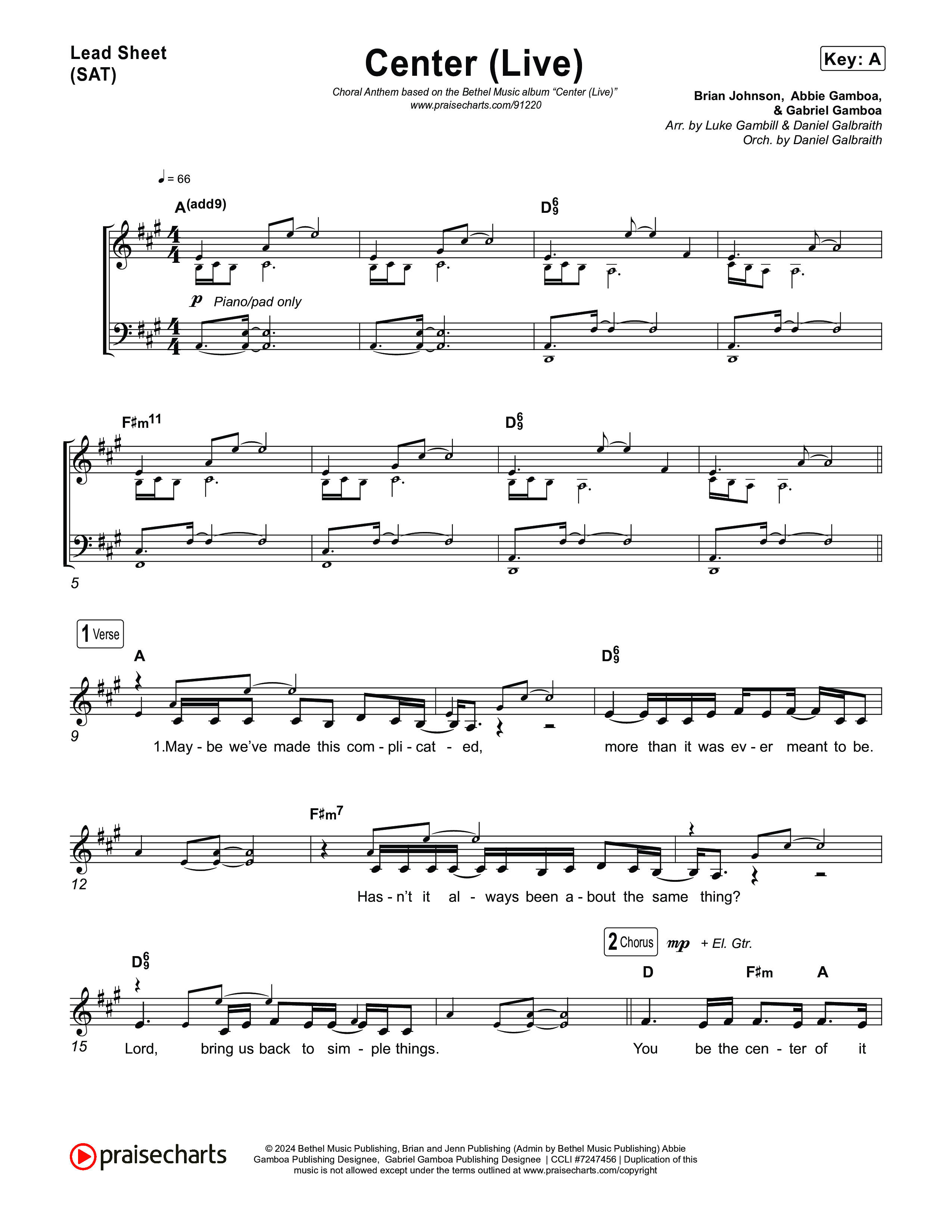 Center (Choral Anthem SATB) Lead Sheet (SAT) (Bethel Music / Abbie Gamboa / Arr. Luke Gambill)