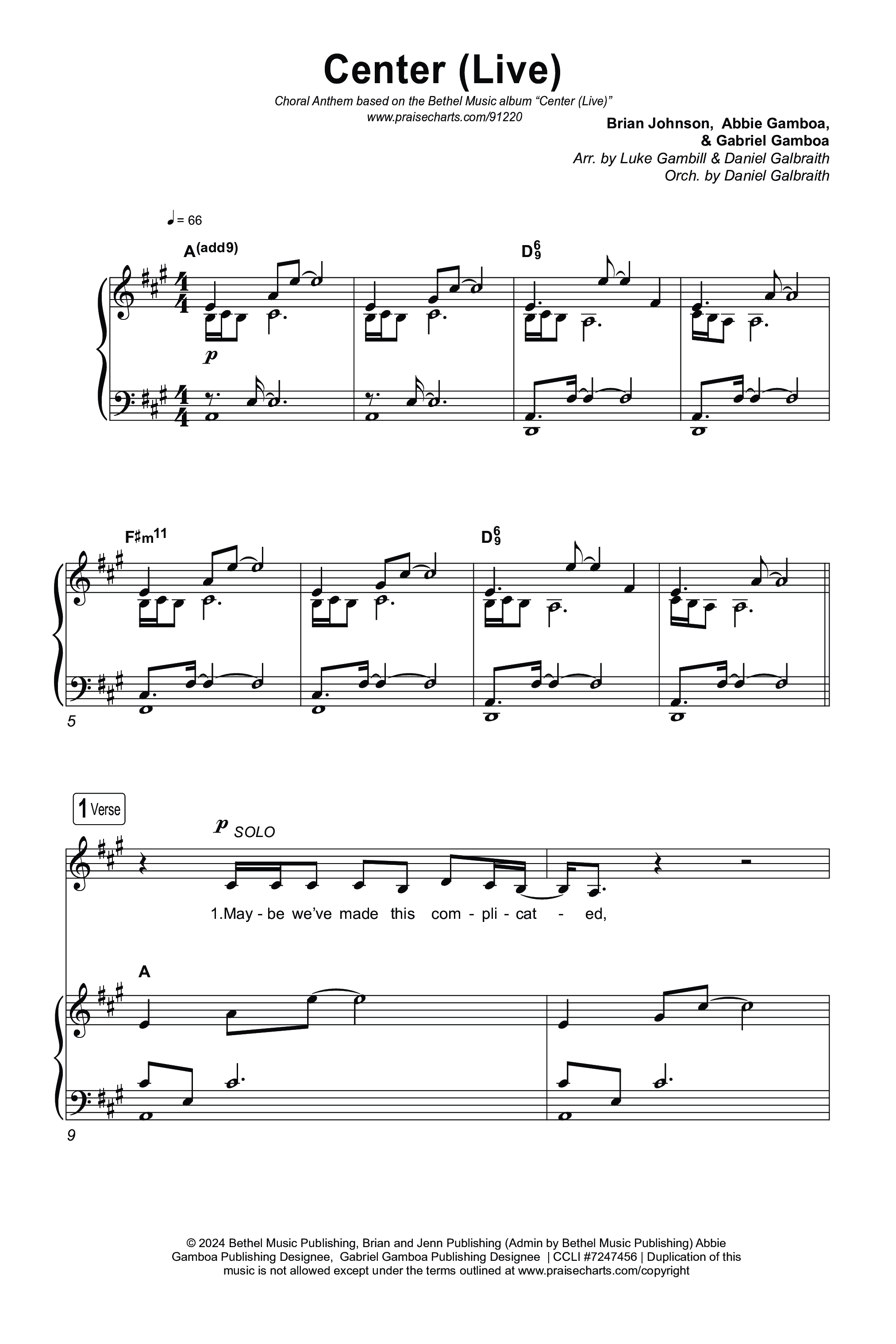 Center (Choral Anthem SATB) Octavo (SATB & Pno) (Bethel Music / Abbie Gamboa / Arr. Luke Gambill)