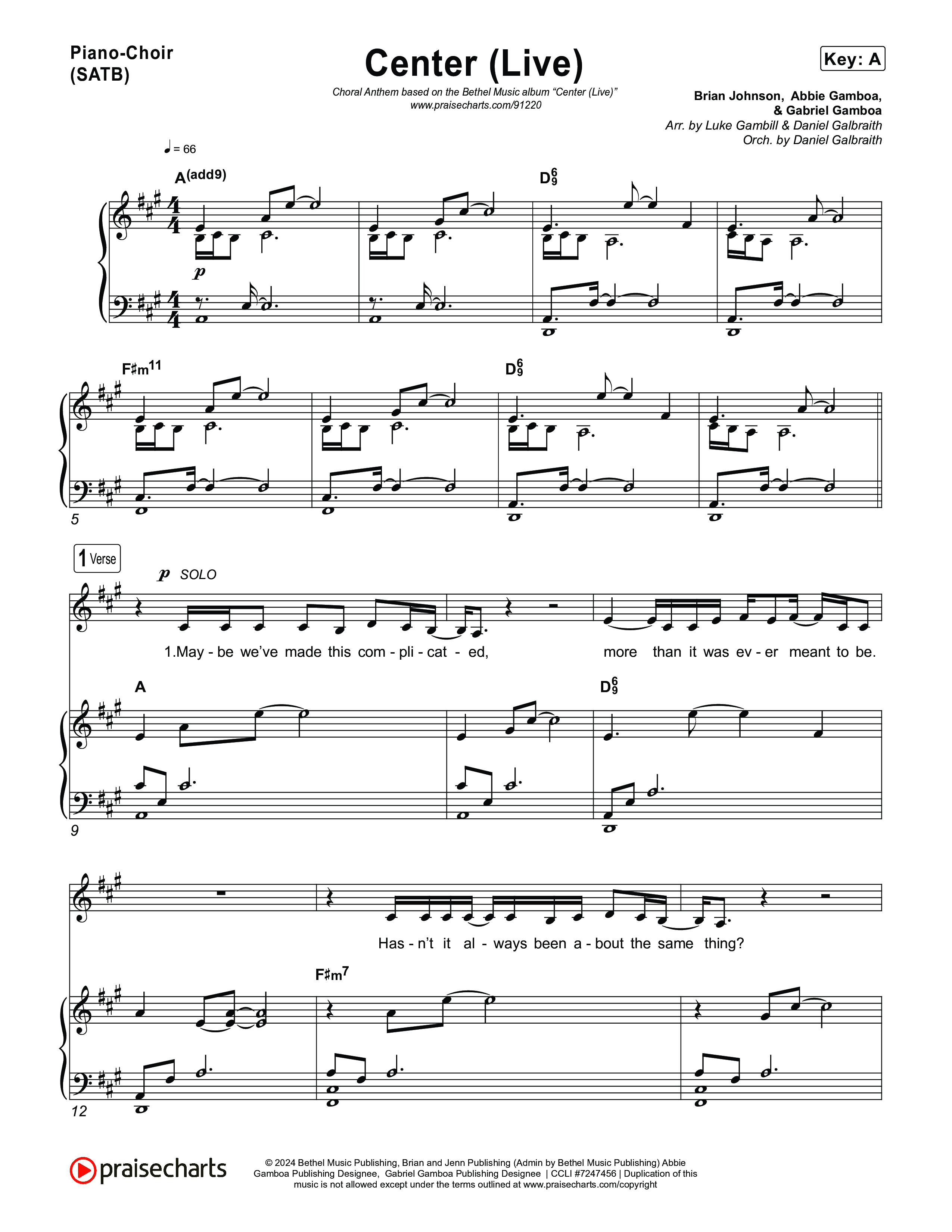 Center (Choral Anthem SATB) Piano/Vocal (SATB) (Bethel Music / Abbie Gamboa / Arr. Luke Gambill)