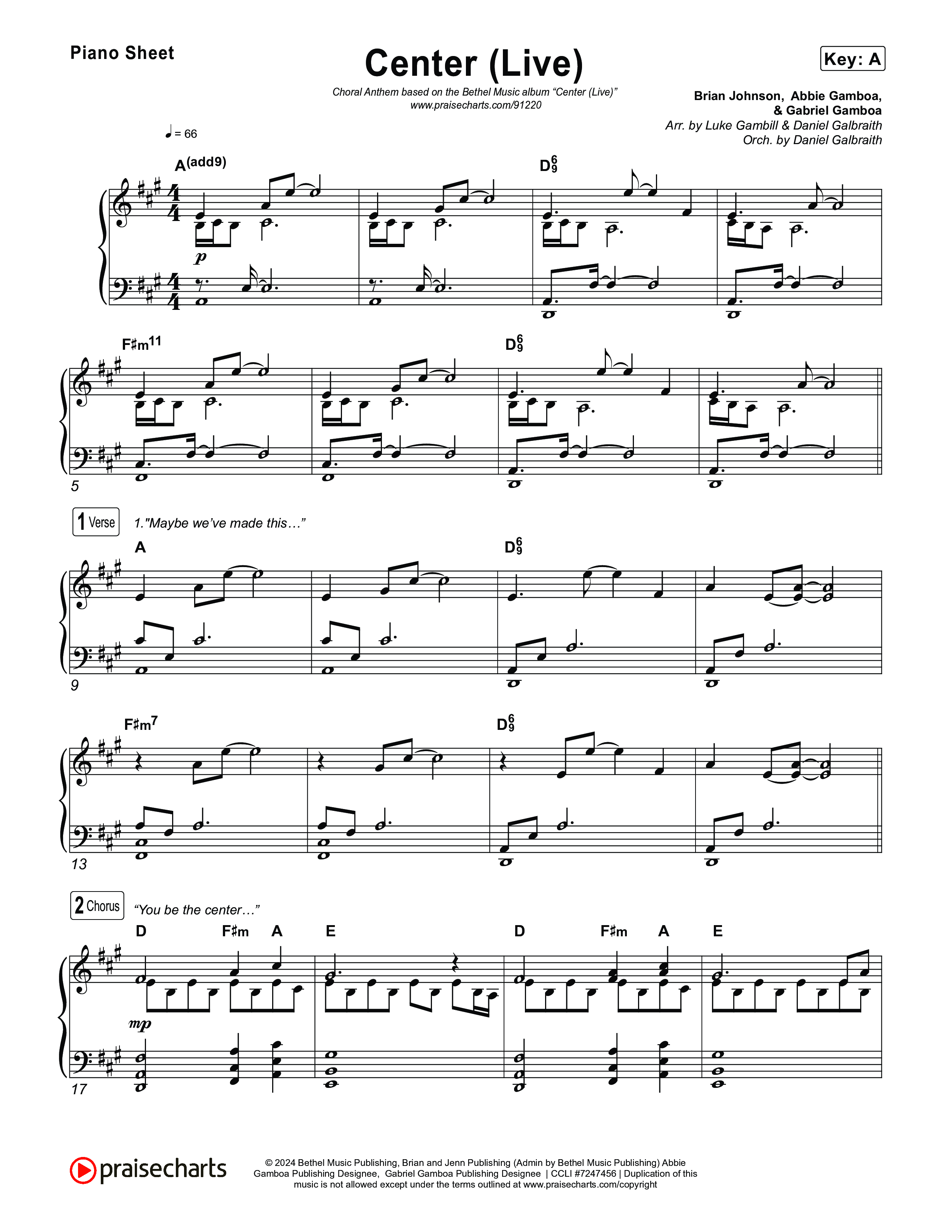 Center (Choral Anthem SATB) Piano Sheet (Bethel Music / Abbie Gamboa / Arr. Luke Gambill)