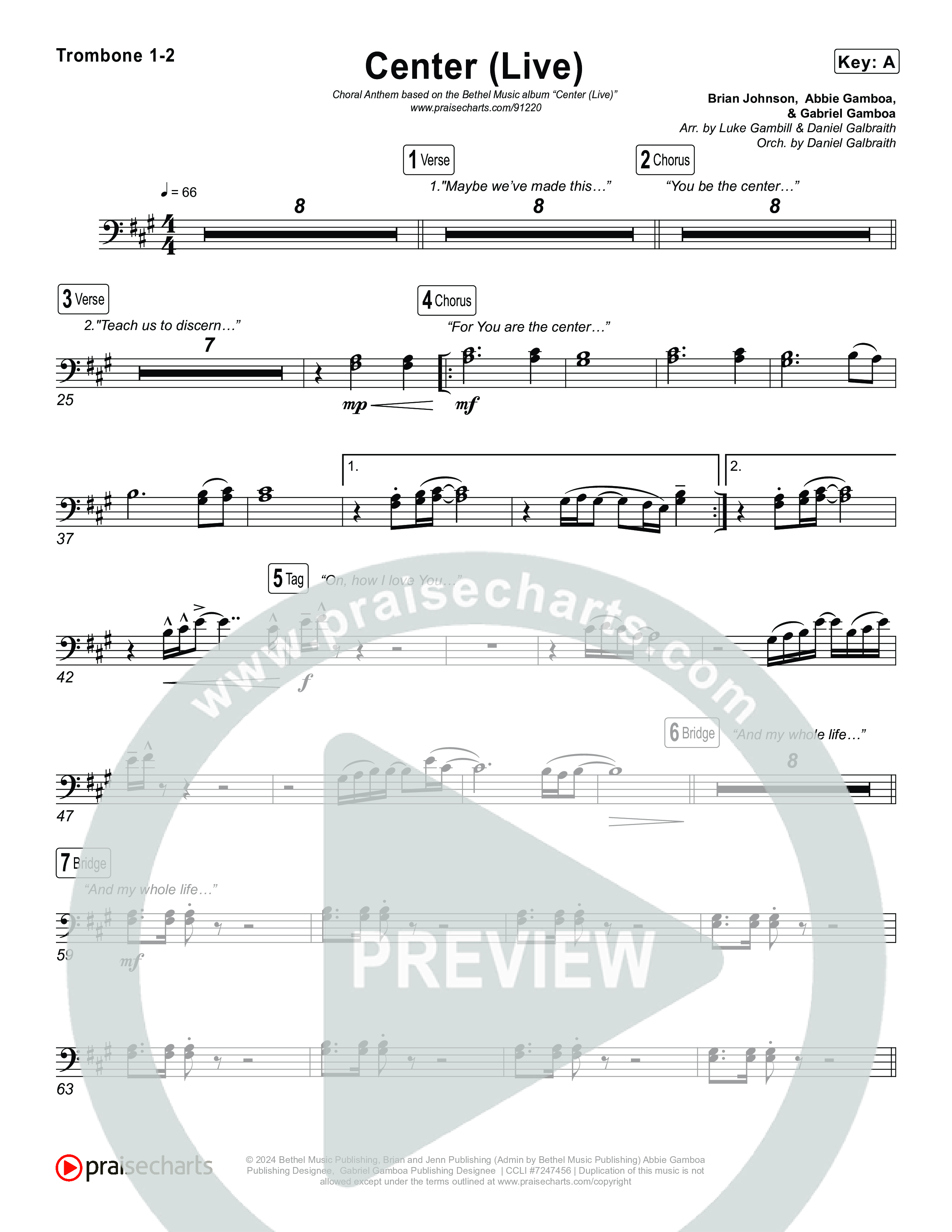 Center (Choral Anthem SATB) Trombone 1,2 (Bethel Music / Abbie Gamboa / Arr. Luke Gambill)