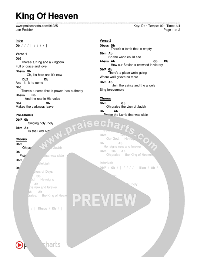 King Of Heaven Chords & Lyrics (Jon Reddick)