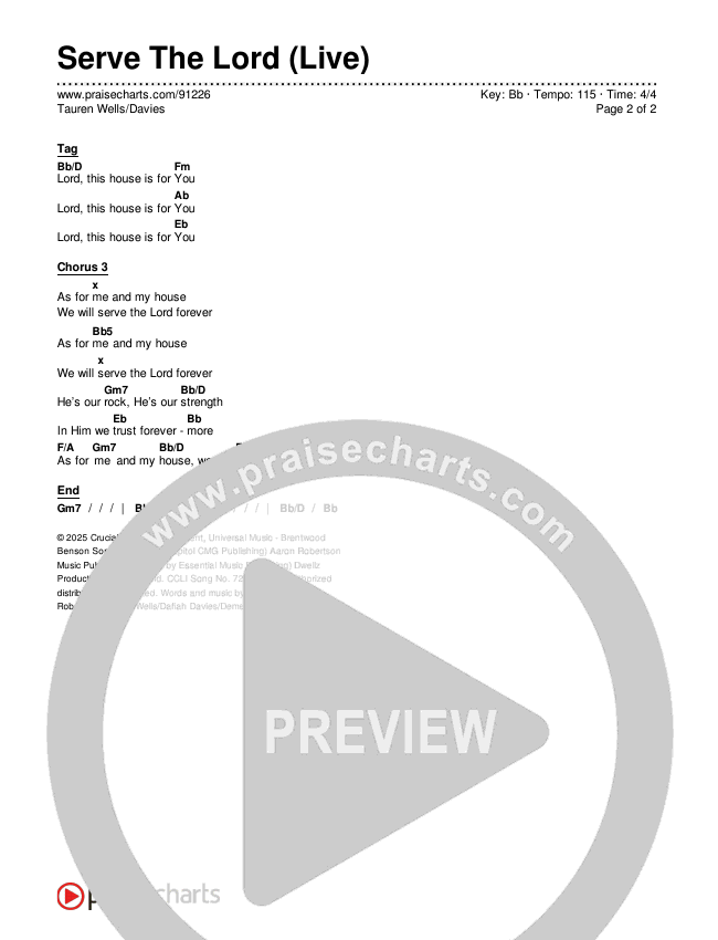 Serve The Lord (Live) Chords & Lyrics (Tauren Wells / Davies)